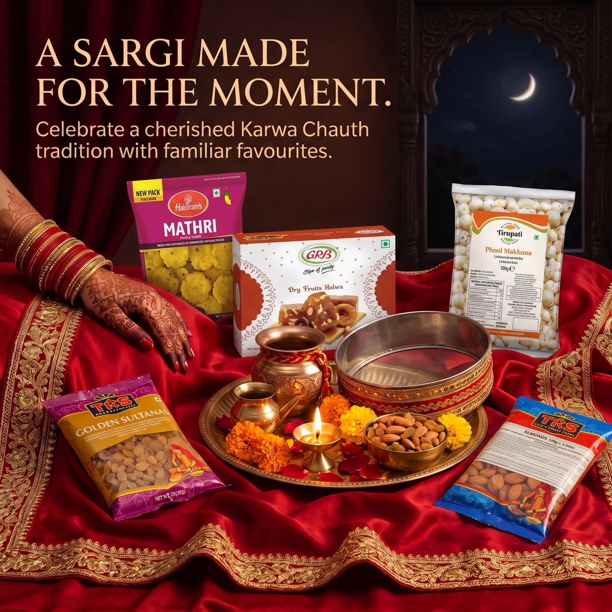 Karwa Chauth Sargi Box – Haldiram's Mathri, TRS Almonds, TRS Golden Sultanas / Raisins / Kishmish, GRB Dry Fruits Halwa, Tirupati Phool Makhana