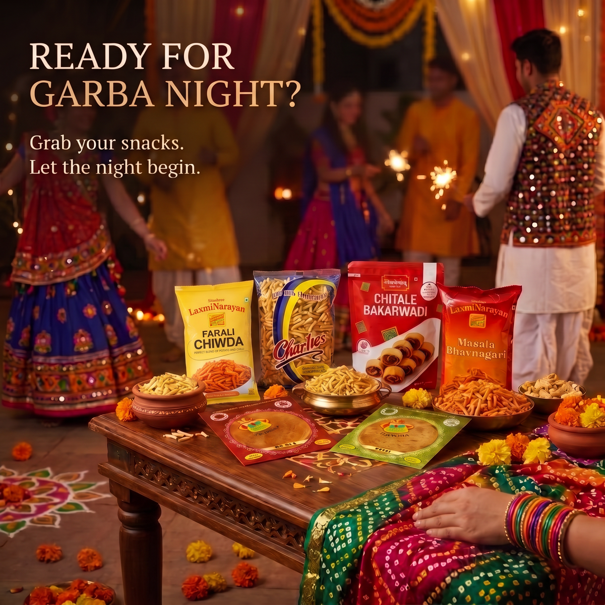 Garba Snack Box – Ganesh Methi Khakra, Ganesh Masala Khakra, LaxmiNarayan Masala Bhavnagari Sev, Charliee Bhavnagari Gathiya, Chitale Bakarwadi, LaxmiNarayan Farali Chiwda, Wooden Dandiya Sticks