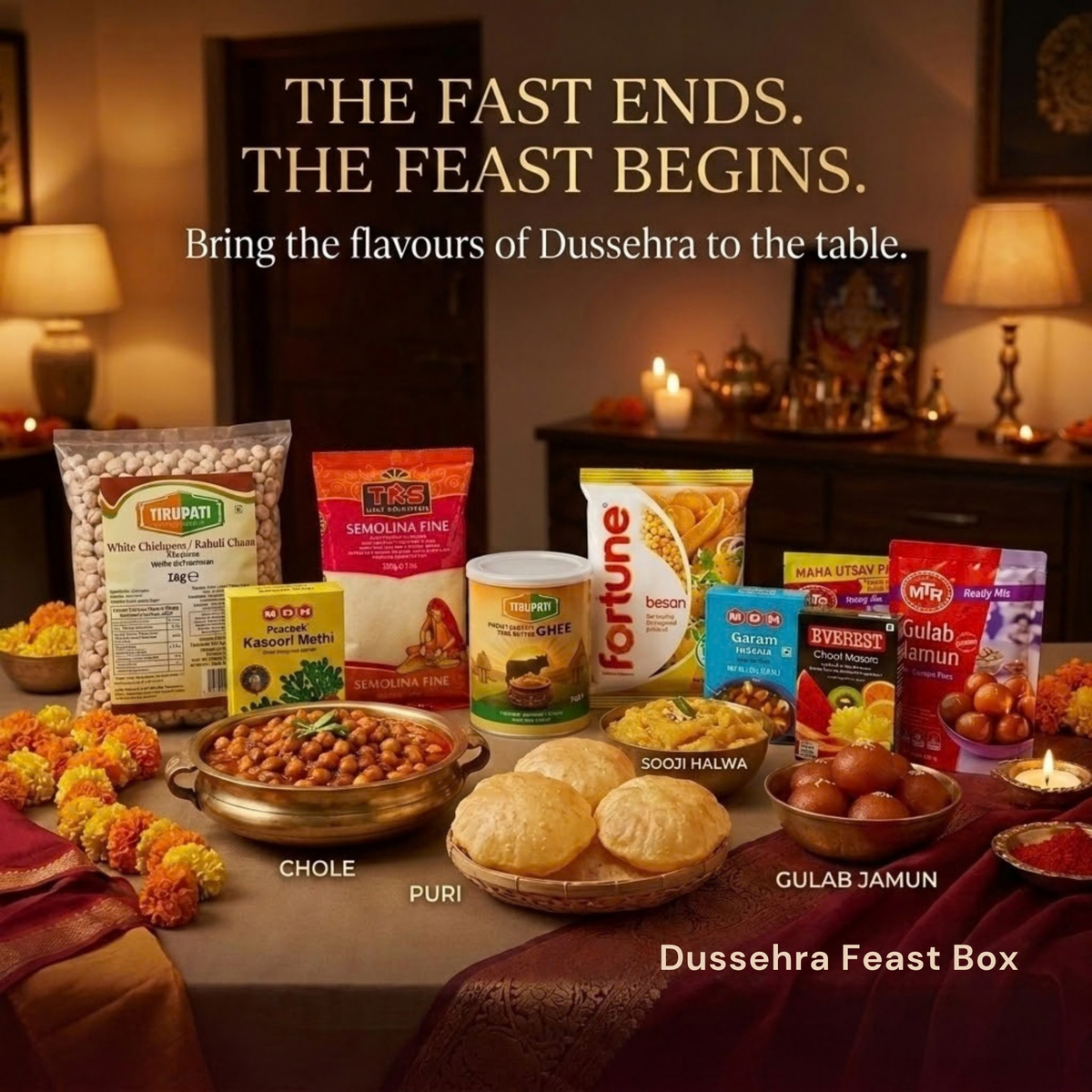 Dussehra Feast Box (Chole · Puri · Halwa) – Tirupati Kabuli Chana, Tirupati Semolina Coarse, Tirupati Pure Butter Ghee, Fortune Besan / Gram Flour, Everest Garam Masala, Everest Kasuri Methi, Everest Chaat Masala, MTR Instant Gulab Jamun Mix