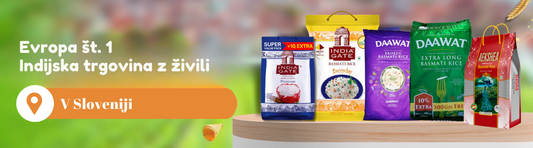 Promocijska slika za najboljšo indijsko trgovino z živili v Evropi. Kupite pristen riž Basmati na spletu v Sloveniji in drugod po Evropi. Visokokakovostni izdelki za avtentično kuhanje.