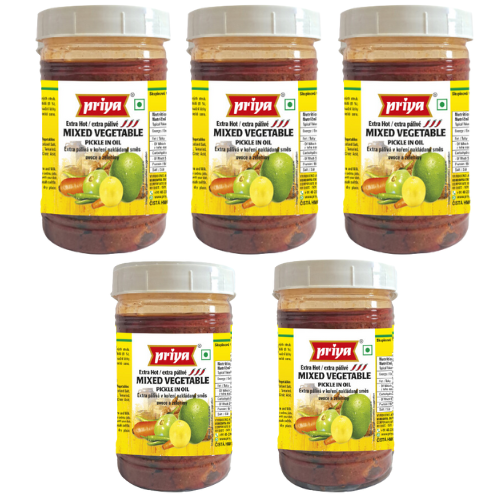 Priya Mixed Vegetable Pickle (Extra Hot) Without Garlic - PET JAR (Bundle of 5 x 300g)