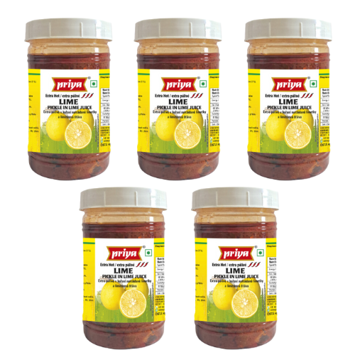 Priya Lemon Pickle (Extra Hot) in Lemon Juice Without Garlic - PET JAR (Bundle of 5 x 300g)