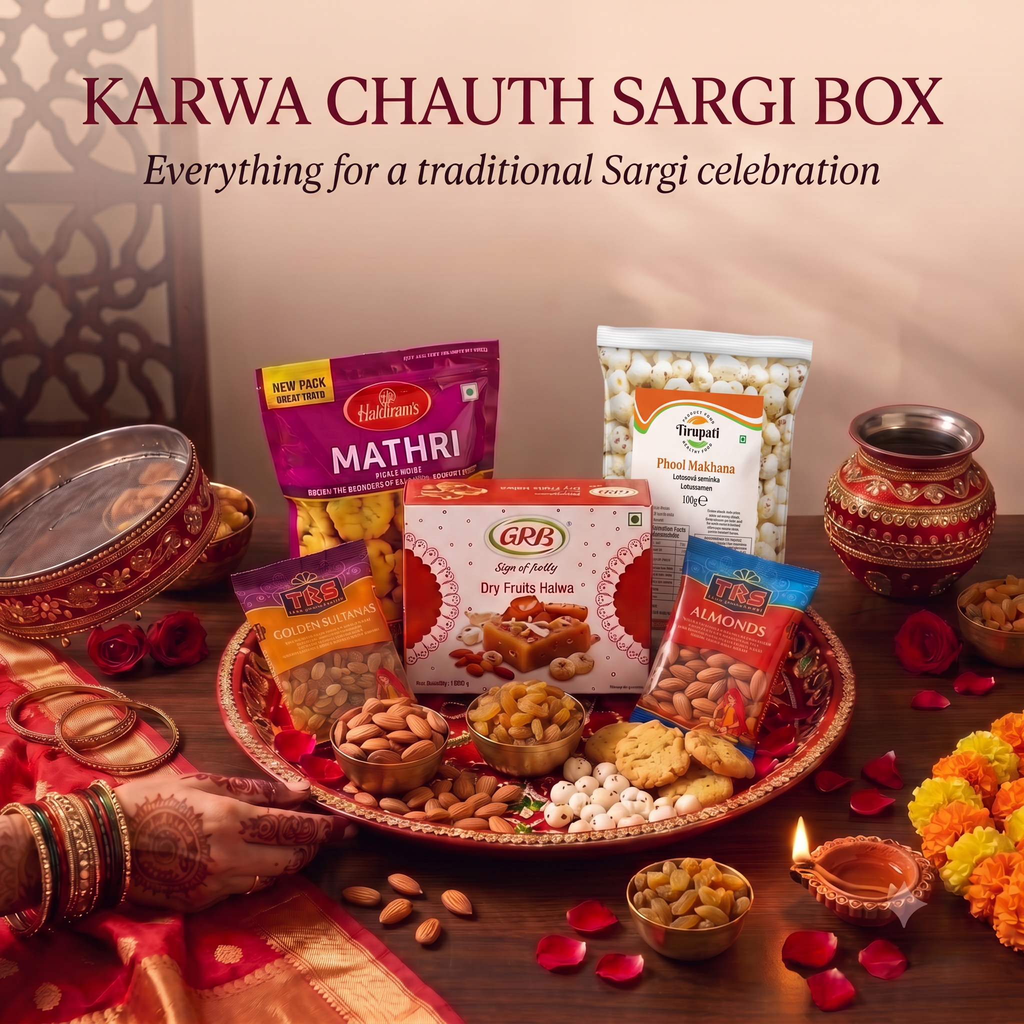 Karwa Chauth Sargi Box – Haldiram's Mathri, TRS Almonds, TRS Golden Sultanas / Raisins / Kishmish, GRB Dry Fruits Halwa, Tirupati Phool Makhana