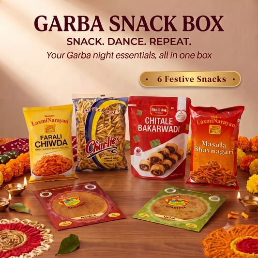 Garba Snack Box – Ganesh Methi Khakra, Ganesh Masala Khakra, LaxmiNarayan Masala Bhavnagari Sev, Charliee Bhavnagari Gathiya, Chitale Bakarwadi, LaxmiNarayan Farali Chiwda, Wooden Dandiya Sticks