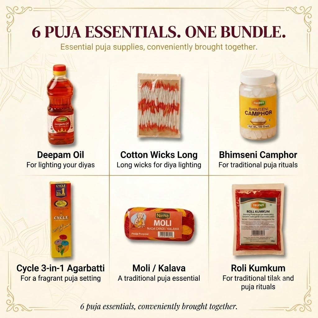 Puja Refill Kit – Tirupati Diya / Deepam Oil, Long Cotton Wicks, Tirupati Bhimseni Camphor / Karpoor Tablets, Cycle Three In One Agarbatti / Incense Sticks, Nima Moli Thread / Pooja Kalava (Red & Yellow), Tirupati Roli Kumkum Powder