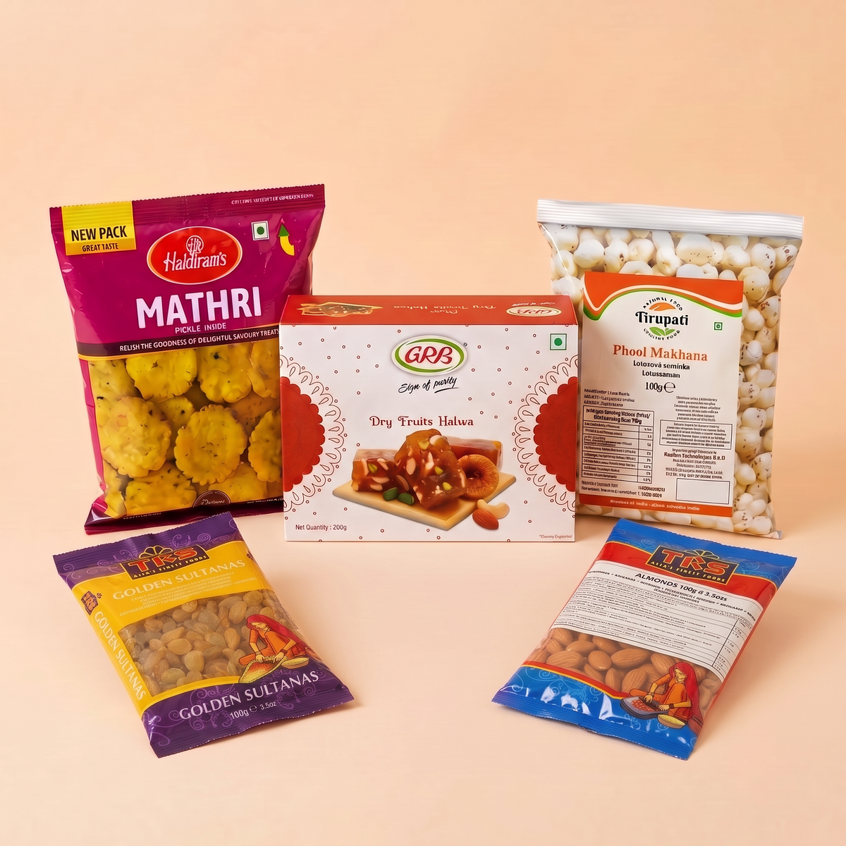 Karwa Chauth Sargi Box – Haldiram's Mathri, TRS Almonds, TRS Golden Sultanas / Raisins / Kishmish, GRB Dry Fruits Halwa, Tirupati Phool Makhana