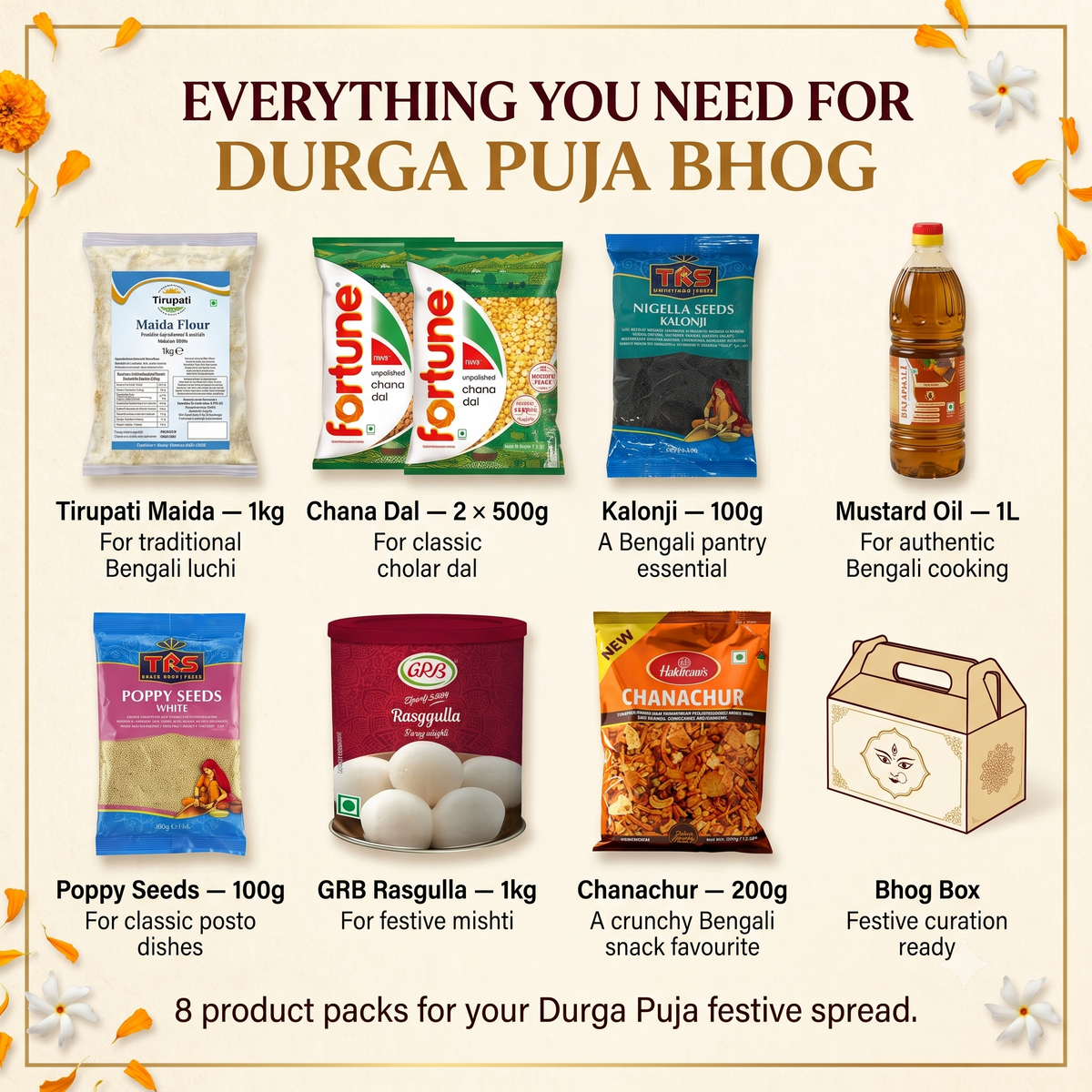 Durga Puja Bhog Box (Luchi · Cholar Dal · Mishti) – Tirupati Maida / All Purpose Flour, Fortune Chana Dal / Bengal Gram, TRS Kalonji Seeds, Fortune Mustard Oil, TRS Poppy (Khus Khus) Seeds, GRB Rasgulla Tin, Haldiram's Chanachur