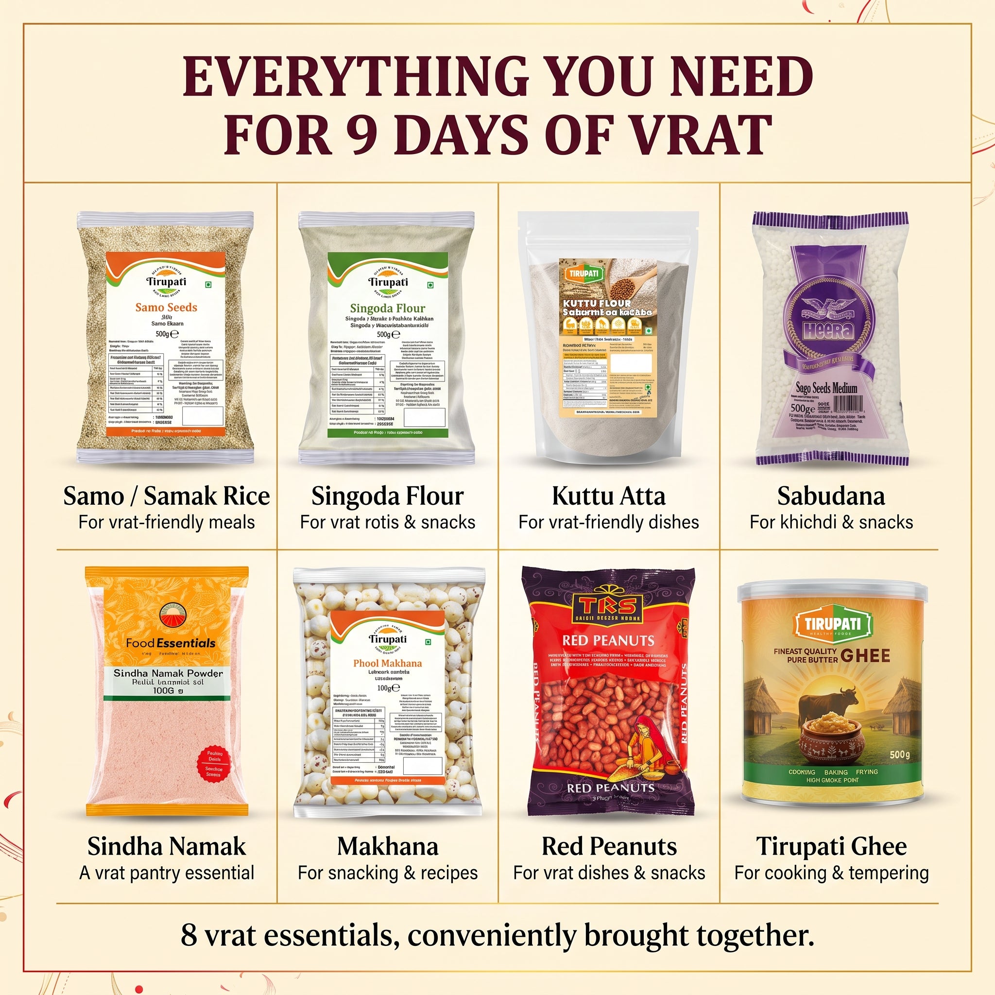 Tirupati 9-Day Vrat Box – Tirupati Samo, Tirupati Singoda Flour, Tirupati Kuttu Ka Atta, Heera Indian Sago Seeds, Food Essentials Sindha Namak Powder, Tirupati Phool Makhana, TRS Red Peanuts, Tirupati Pure Butter Ghee