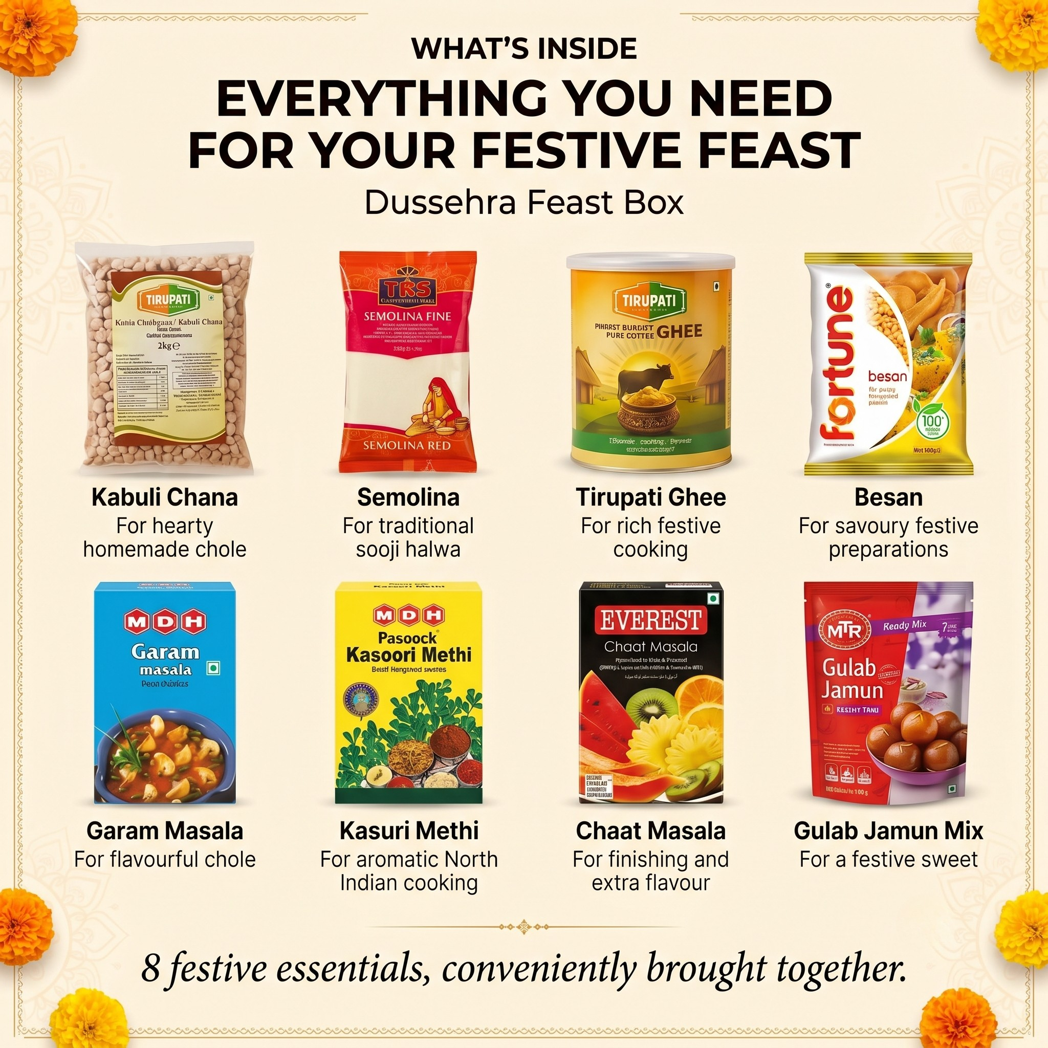 Dussehra Feast Box (Chole · Puri · Halwa) – Tirupati Kabuli Chana, Tirupati Semolina Coarse, Tirupati Pure Butter Ghee, Fortune Besan / Gram Flour, Everest Garam Masala, Everest Kasuri Methi, Everest Chaat Masala, MTR Instant Gulab Jamun Mix