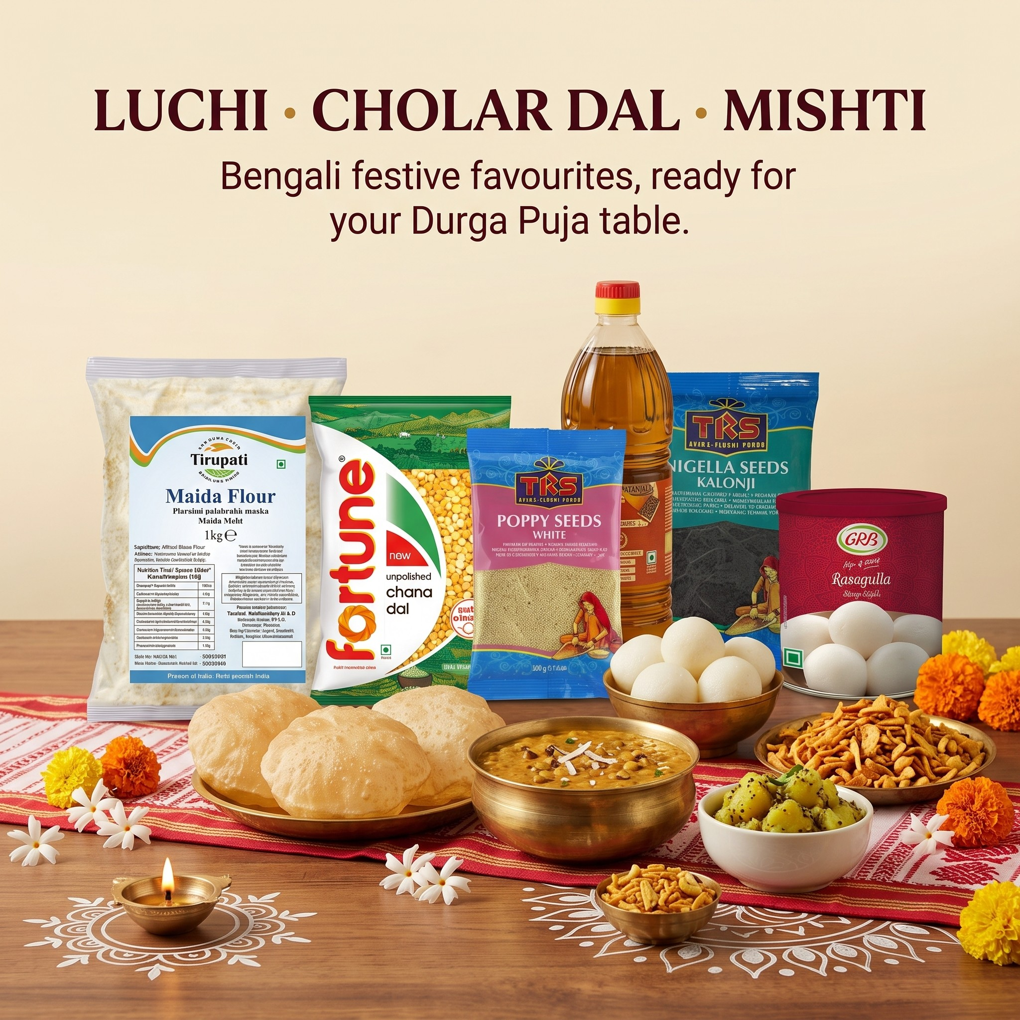 Durga Puja Bhog Box (Luchi · Cholar Dal · Mishti) – Tirupati Maida / All Purpose Flour, Fortune Chana Dal / Bengal Gram, TRS Kalonji Seeds, Fortune Mustard Oil, TRS Poppy (Khus Khus) Seeds, GRB Rasgulla Tin, Haldiram's Chanachur