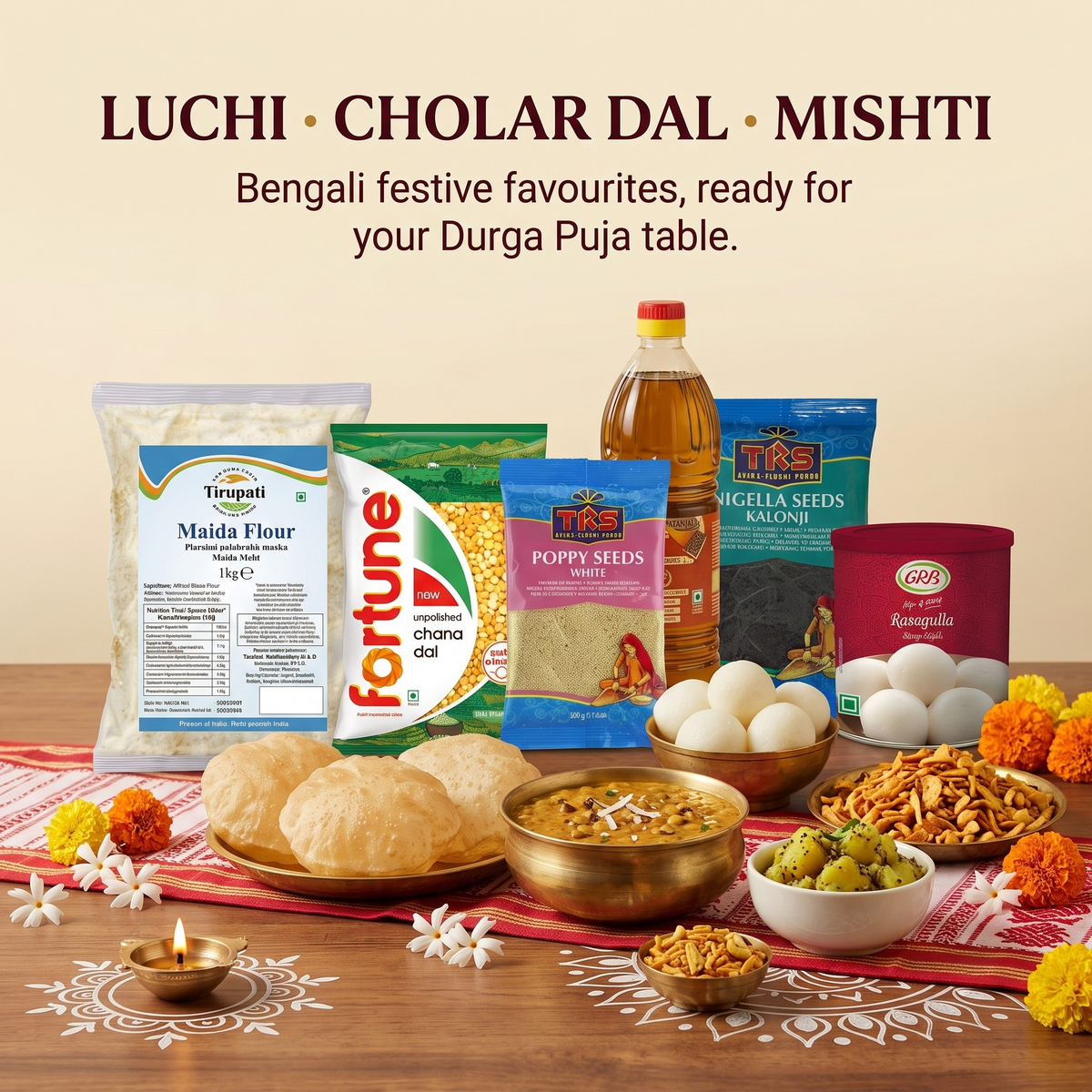 Durga Puja Bhog Box (Luchi · Cholar Dal · Mishti) – Tirupati Maida / All Purpose Flour, Fortune Chana Dal / Bengal Gram, TRS Kalonji Seeds, Fortune Mustard Oil, TRS Poppy (Khus Khus) Seeds, GRB Rasgulla Tin, Haldiram's Chanachur