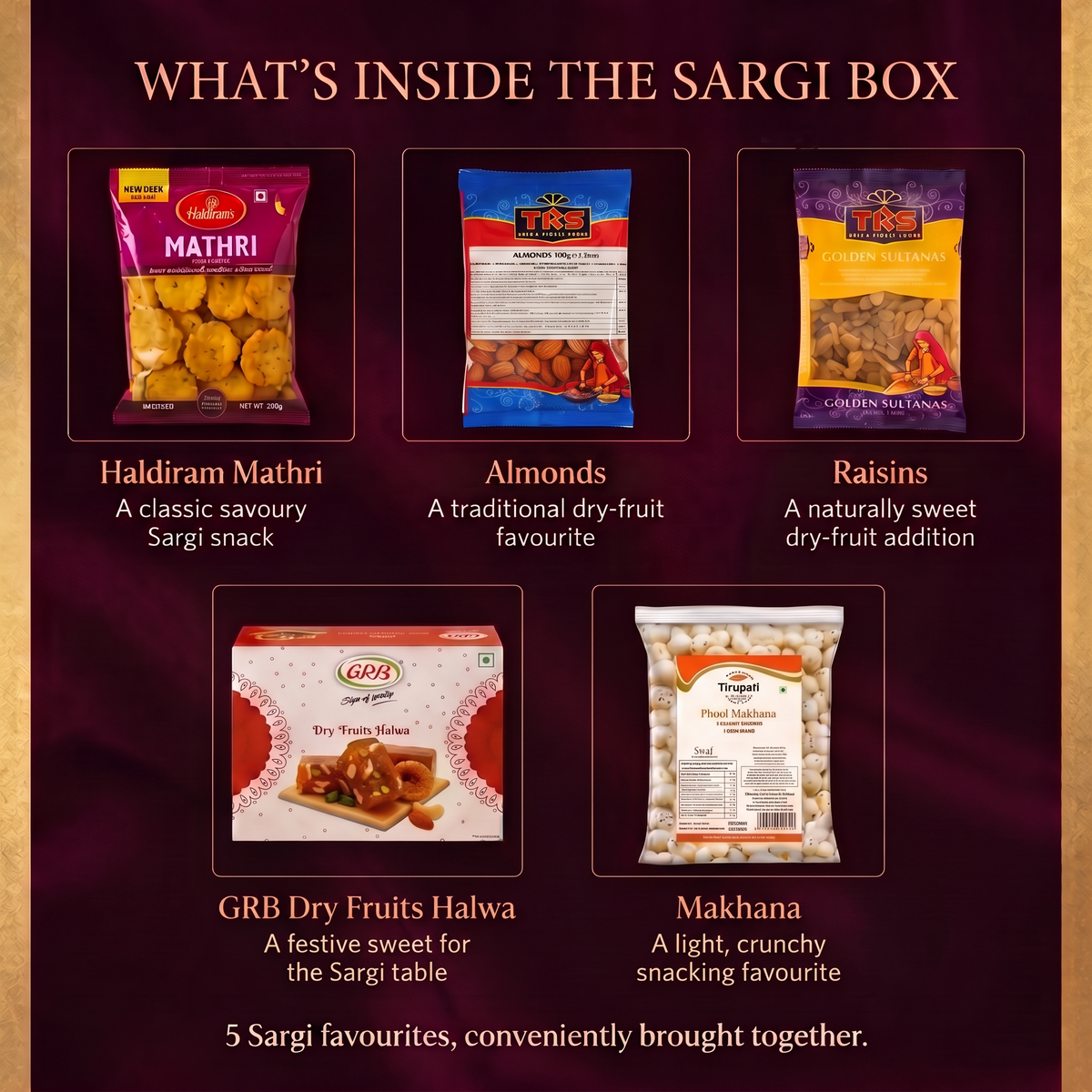 Karwa Chauth Sargi Box – Haldiram's Mathri, TRS Almonds, TRS Golden Sultanas / Raisins / Kishmish, GRB Dry Fruits Halwa, Tirupati Phool Makhana