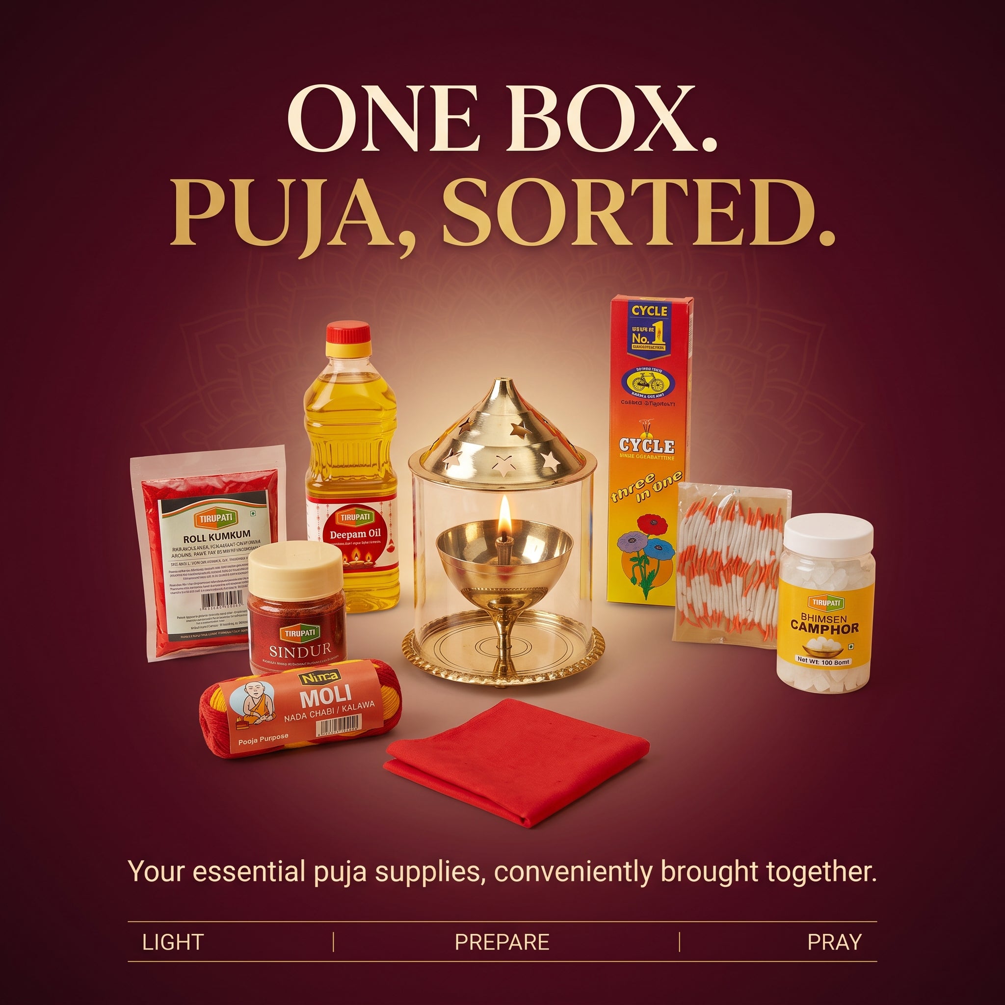 Navratri Akhand Jyot Puja Kit – Brass Akhand Jyoti Stand, Tirupati Diya Oil, Long Cotton Wicks, Tirupati Bhimseni Camphor, Cycle Three In One Agarbatti, Nima Moli Kalava, Tirupati Roli Kumkum, Tirupati Sindur, Rituals Red Pooja Cloth