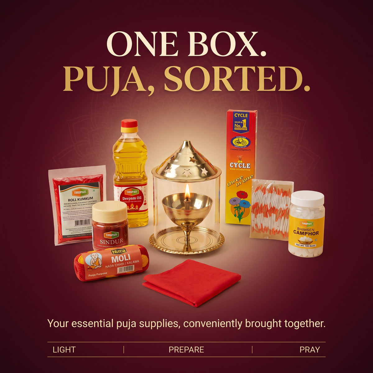 Navratri Akhand Jyot Puja Kit – Brass Akhand Jyoti Stand, Tirupati Diya Oil, Long Cotton Wicks, Tirupati Bhimseni Camphor, Cycle Three In One Agarbatti, Nima Moli Kalava, Tirupati Roli Kumkum, Tirupati Sindur, Rituals Red Pooja Cloth