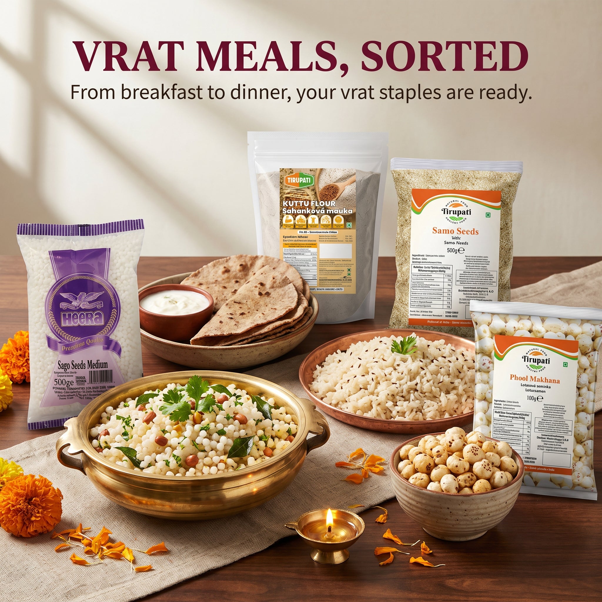 Tirupati 9-Day Vrat Box – Tirupati Samo, Tirupati Singoda Flour, Tirupati Kuttu Ka Atta, Heera Indian Sago Seeds, Food Essentials Sindha Namak Powder, Tirupati Phool Makhana, TRS Red Peanuts, Tirupati Pure Butter Ghee