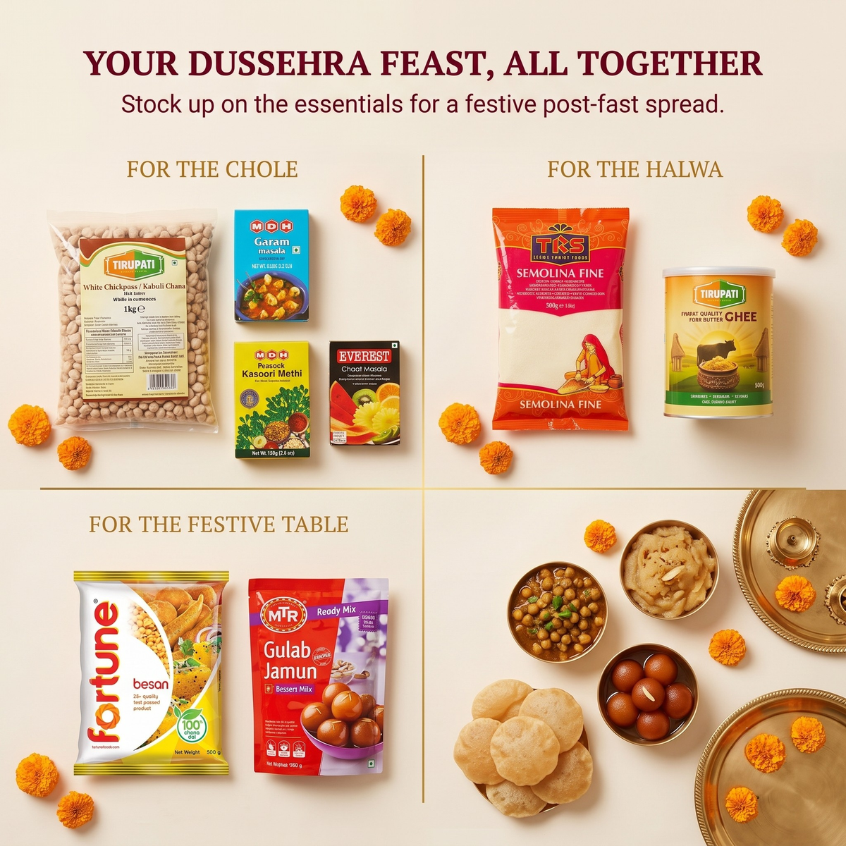 Dussehra Feast Box (Chole · Puri · Halwa) – Tirupati Kabuli Chana, Tirupati Semolina Coarse, Tirupati Pure Butter Ghee, Fortune Besan / Gram Flour, Everest Garam Masala, Everest Kasuri Methi, Everest Chaat Masala, MTR Instant Gulab Jamun Mix