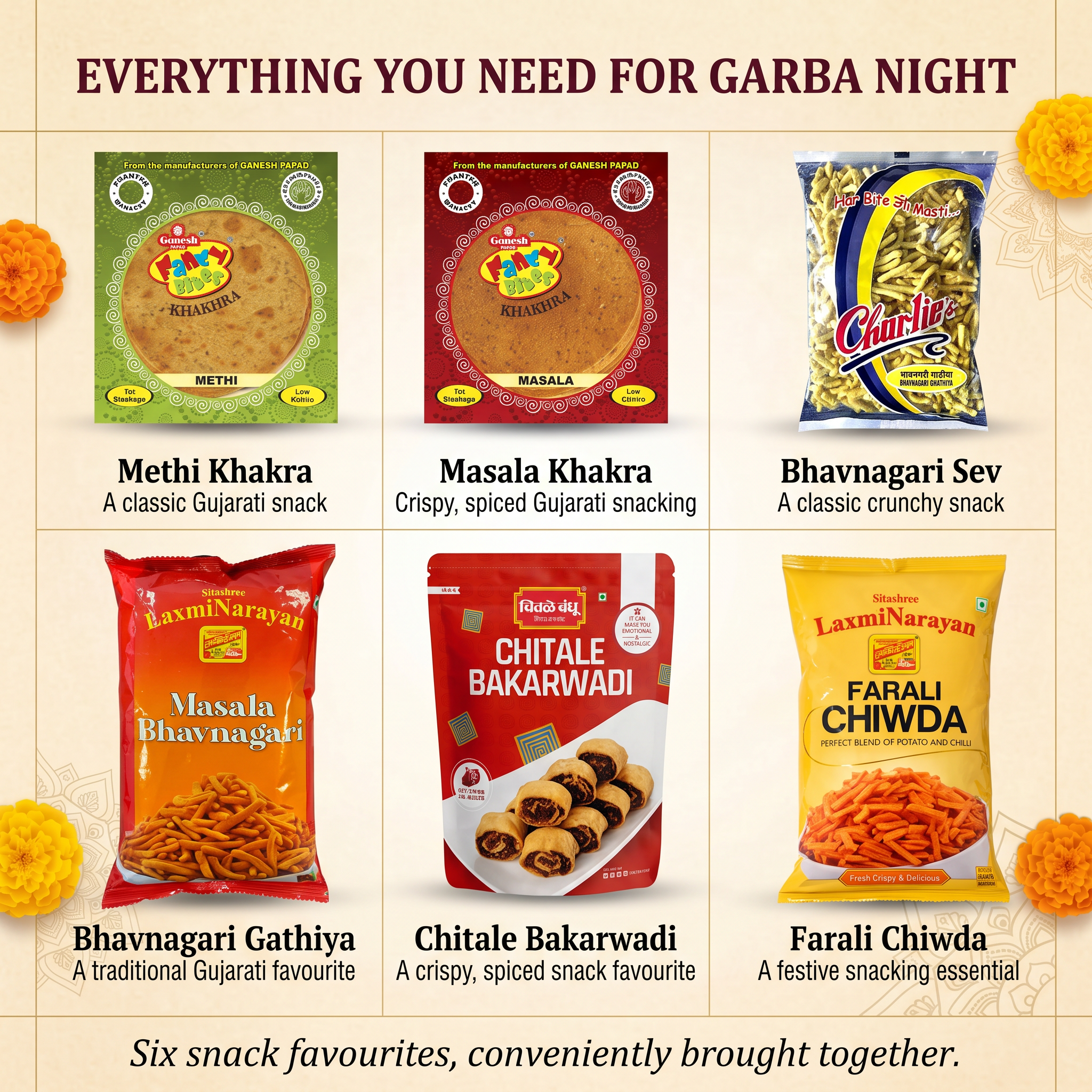 Garba Snack Box – Ganesh Methi Khakra, Ganesh Masala Khakra, LaxmiNarayan Masala Bhavnagari Sev, Charliee Bhavnagari Gathiya, Chitale Bakarwadi, LaxmiNarayan Farali Chiwda, Wooden Dandiya Sticks