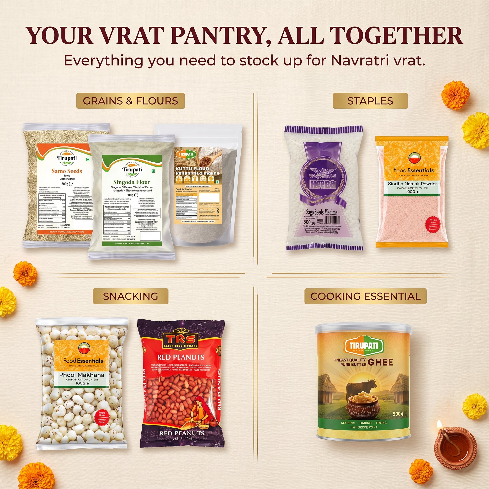 Tirupati 9-Day Vrat Box – Tirupati Samo, Tirupati Singoda Flour, Tirupati Kuttu Ka Atta, Heera Indian Sago Seeds, Food Essentials Sindha Namak Powder, Tirupati Phool Makhana, TRS Red Peanuts, Tirupati Pure Butter Ghee