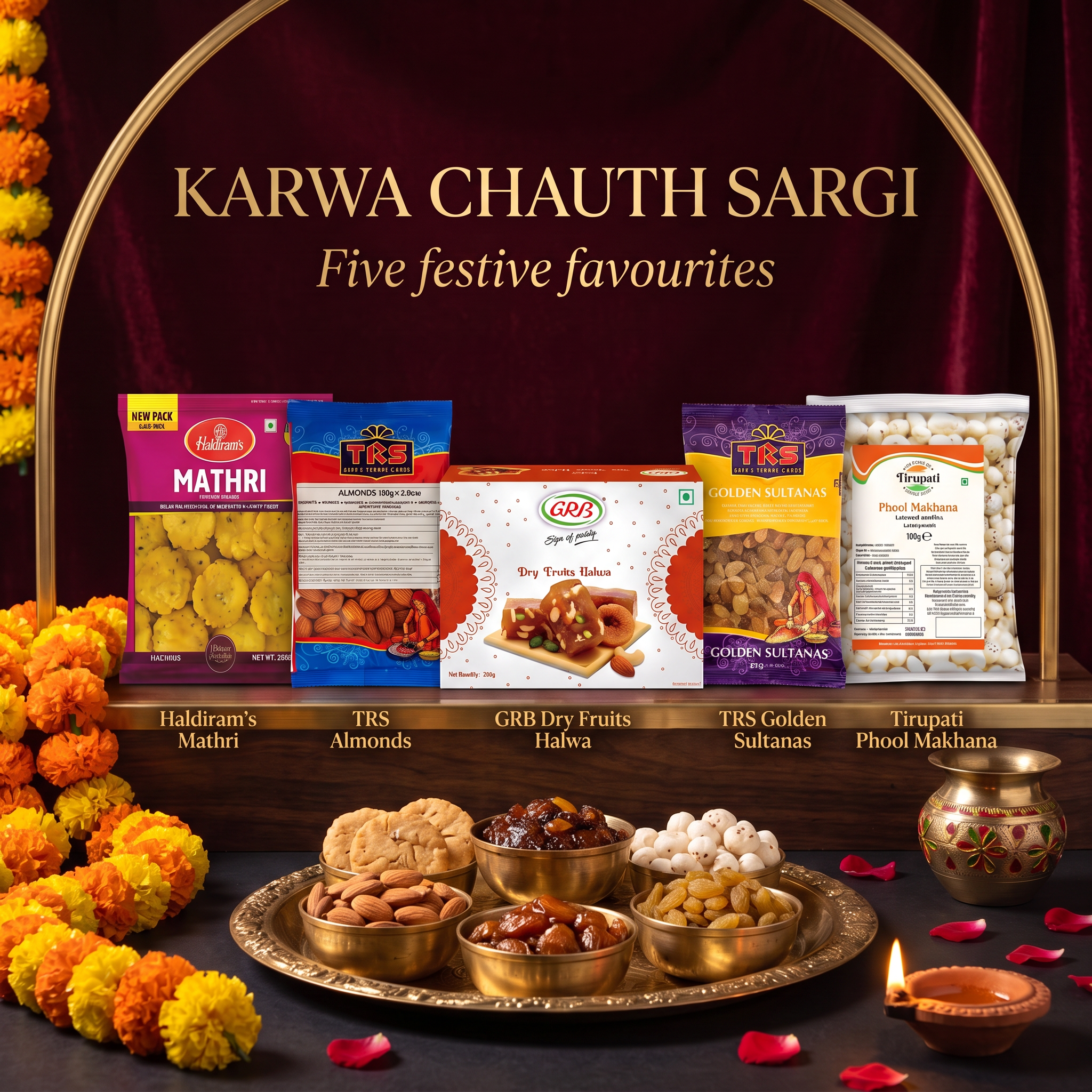 Karwa Chauth Sargi Box – Haldiram's Mathri, TRS Almonds, TRS Golden Sultanas / Raisins / Kishmish, GRB Dry Fruits Halwa, Tirupati Phool Makhana