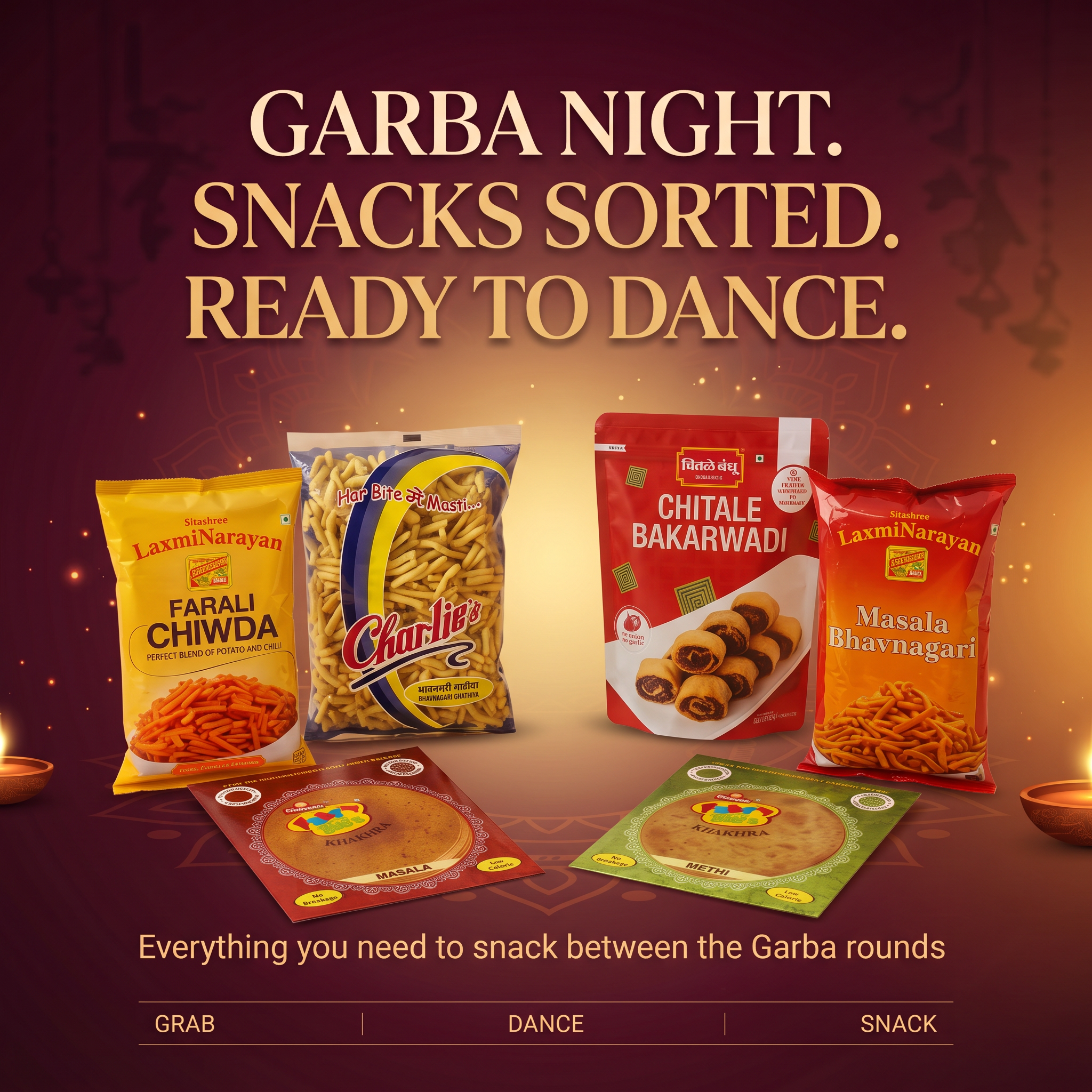 Garba Snack Box – Ganesh Methi Khakra, Ganesh Masala Khakra, LaxmiNarayan Masala Bhavnagari Sev, Charliee Bhavnagari Gathiya, Chitale Bakarwadi, LaxmiNarayan Farali Chiwda, Wooden Dandiya Sticks