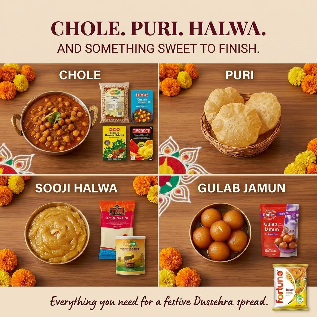 Dussehra Feast Box (Chole · Puri · Halwa) – Tirupati Kabuli Chana, Tirupati Semolina Coarse, Tirupati Pure Butter Ghee, Fortune Besan / Gram Flour, Everest Garam Masala, Everest Kasuri Methi, Everest Chaat Masala, MTR Instant Gulab Jamun Mix