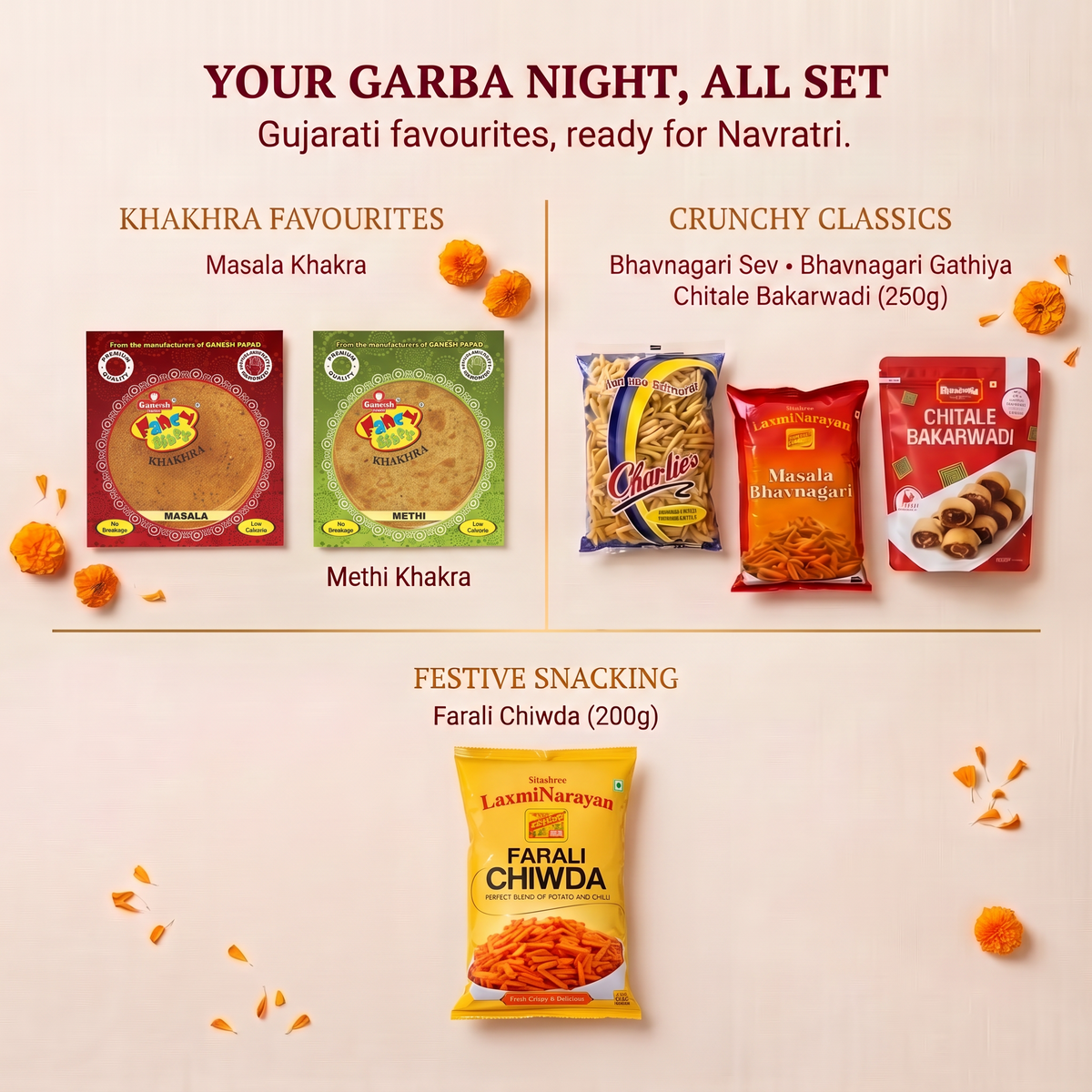 Garba Snack Box – Ganesh Methi Khakra, Ganesh Masala Khakra, LaxmiNarayan Masala Bhavnagari Sev, Charliee Bhavnagari Gathiya, Chitale Bakarwadi, LaxmiNarayan Farali Chiwda, Wooden Dandiya Sticks