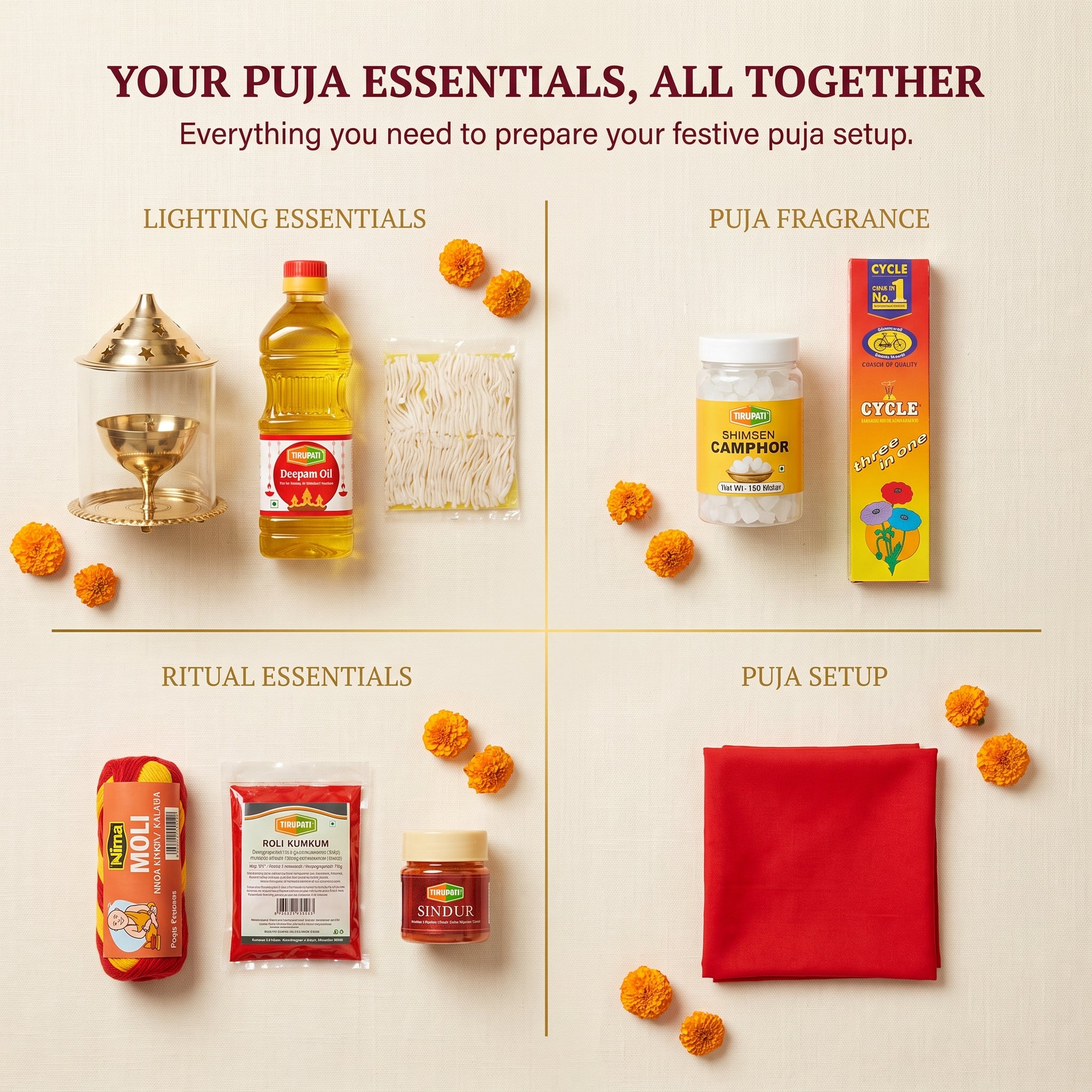 Navratri Akhand Jyot Puja Kit – Brass Akhand Jyoti Stand, Tirupati Diya Oil, Long Cotton Wicks, Tirupati Bhimseni Camphor, Cycle Three In One Agarbatti, Nima Moli Kalava, Tirupati Roli Kumkum, Tirupati Sindur, Rituals Red Pooja Cloth