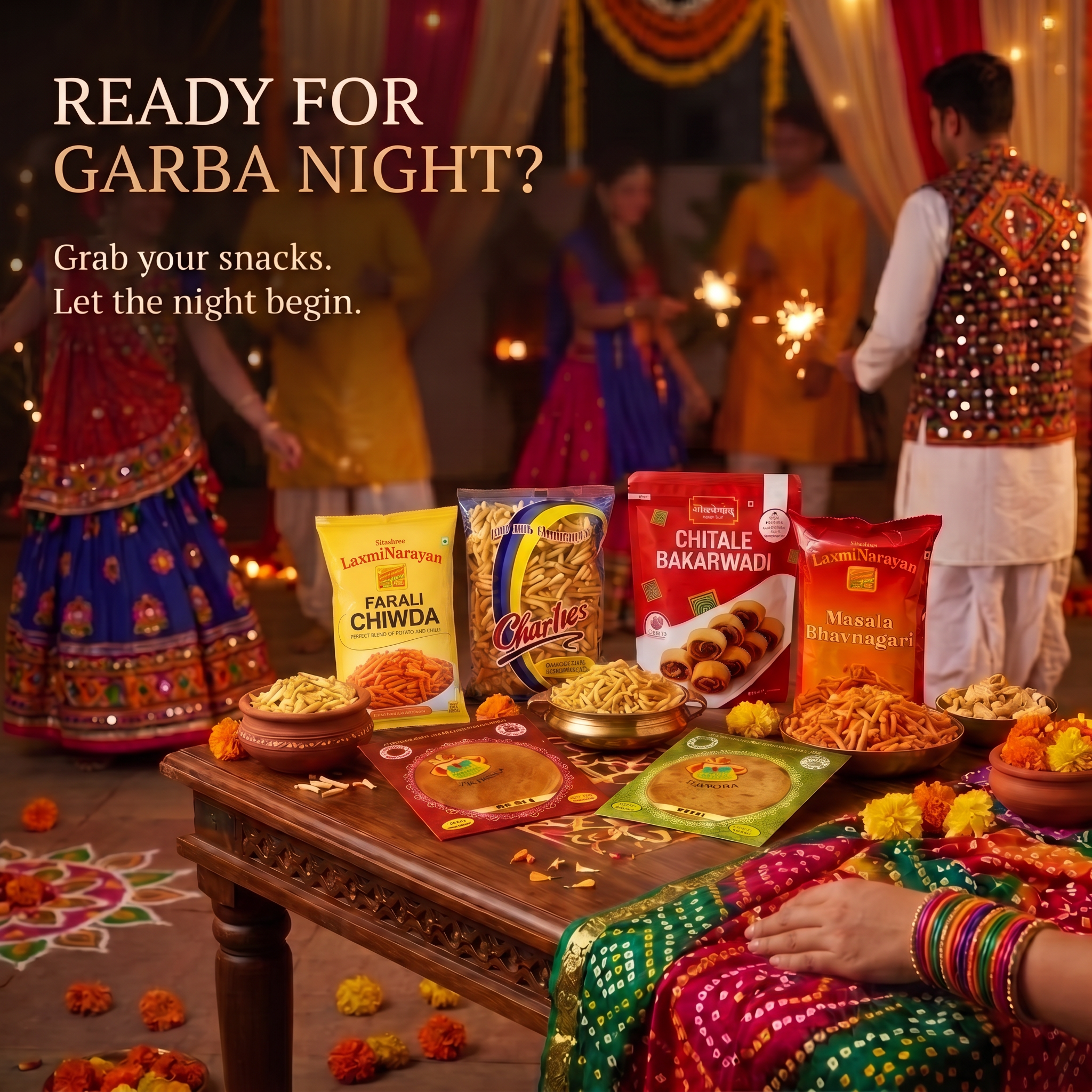 Garba Snack Box – Ganesh Methi Khakra, Ganesh Masala Khakra, LaxmiNarayan Masala Bhavnagari Sev, Charliee Bhavnagari Gathiya, Chitale Bakarwadi, LaxmiNarayan Farali Chiwda, Wooden Dandiya Sticks
