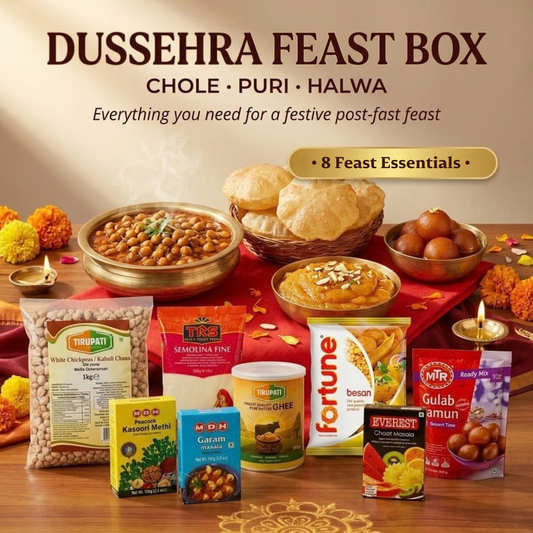 Dussehra Feast Box (Chole · Puri · Halwa) – Tirupati Kabuli Chana, Tirupati Semolina Coarse, Tirupati Pure Butter Ghee, Fortune Besan / Gram Flour, Everest Garam Masala, Everest Kasuri Methi, Everest Chaat Masala, MTR Instant Gulab Jamun Mix
