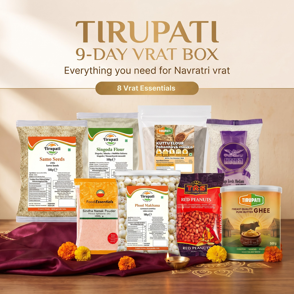 Tirupati 9-Day Vrat Box – Tirupati Samo, Tirupati Singoda Flour, Tirupati Kuttu Ka Atta, Heera Indian Sago Seeds, Food Essentials Sindha Namak Powder, Tirupati Phool Makhana, TRS Red Peanuts, Tirupati Pure Butter Ghee