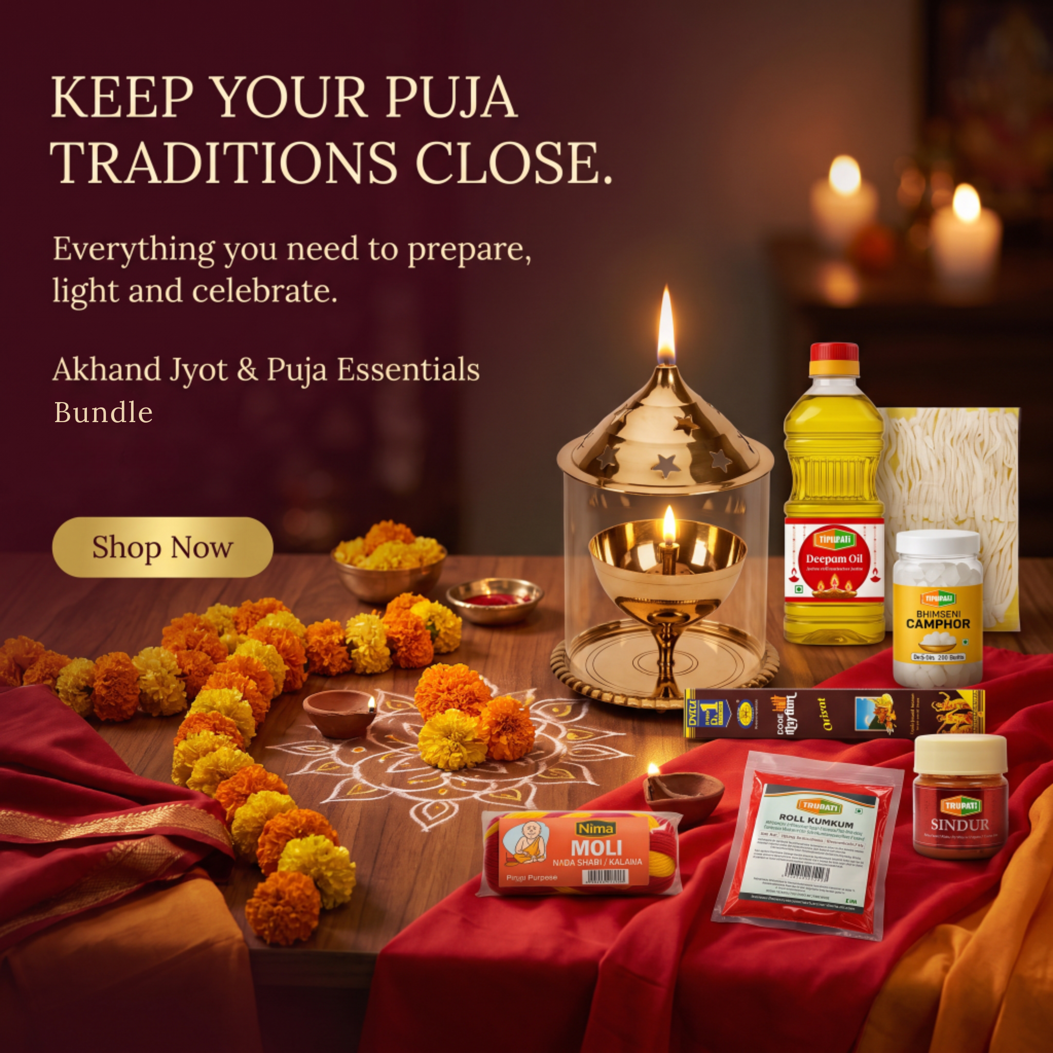 Navratri Akhand Jyot Puja Kit – Brass Akhand Jyoti Stand, Tirupati Diya Oil, Long Cotton Wicks, Tirupati Bhimseni Camphor, Cycle Three In One Agarbatti, Nima Moli Kalava, Tirupati Roli Kumkum, Tirupati Sindur, Rituals Red Pooja Cloth