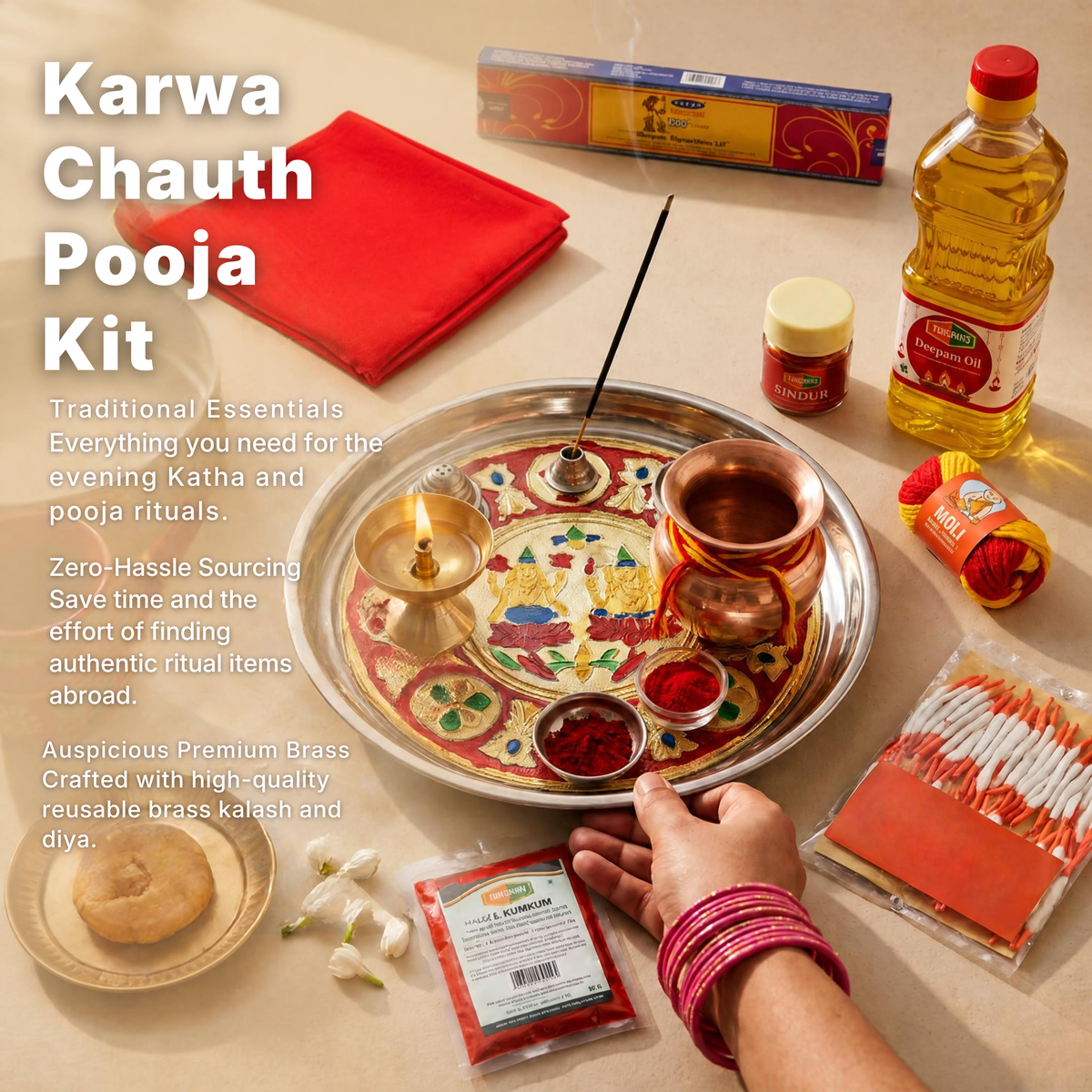 Karwa Chauth Pooja Kit – Decorated Pooja Thali, Brass Pooja Kalash, Rituals Red Pooja Cloth, Brass Diya, Tirupati Diya Oil, Long Cotton Wicks, Tirupati Roli Kumkum, Nima Moli Kalava, Tirupati Sindur, Satya Nag Champa Rose Agarbatti