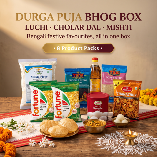 Durga Puja Bhog Box (Luchi · Cholar Dal · Mishti) – Tirupati Maida / All Purpose Flour, Fortune Chana Dal / Bengal Gram, TRS Kalonji Seeds, Fortune Mustard Oil, TRS Poppy (Khus Khus) Seeds, GRB Rasgulla Tin, Haldiram's Chanachur