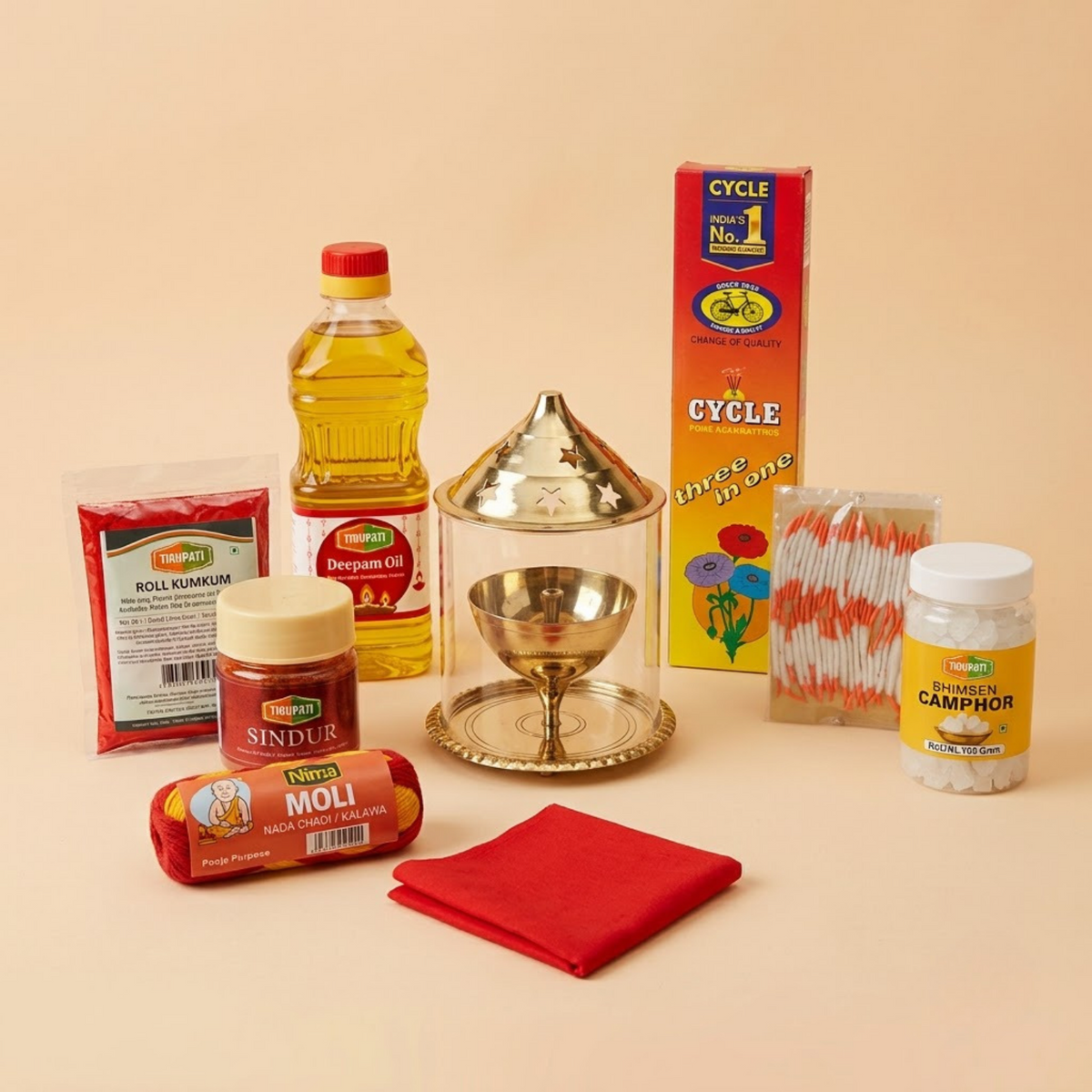 Navratri Akhand Jyot Puja Kit – Brass Akhand Jyoti Stand, Tirupati Diya Oil, Long Cotton Wicks, Tirupati Bhimseni Camphor, Cycle Three In One Agarbatti, Nima Moli Kalava, Tirupati Roli Kumkum, Tirupati Sindur, Rituals Red Pooja Cloth