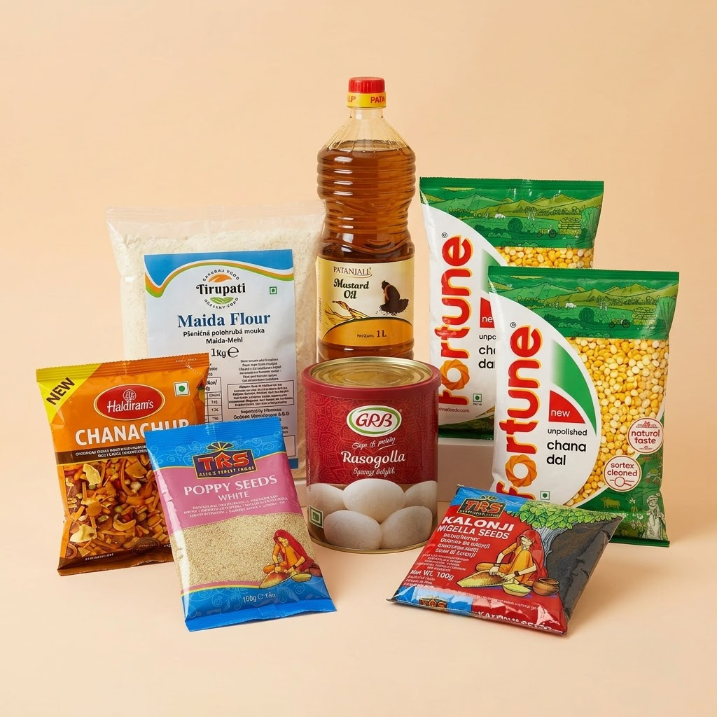 Durga Puja Bhog Box (Luchi · Cholar Dal · Mishti) – Tirupati Maida / All Purpose Flour, Fortune Chana Dal / Bengal Gram, TRS Kalonji Seeds, Fortune Mustard Oil, TRS Poppy (Khus Khus) Seeds, GRB Rasgulla Tin, Haldiram's Chanachur