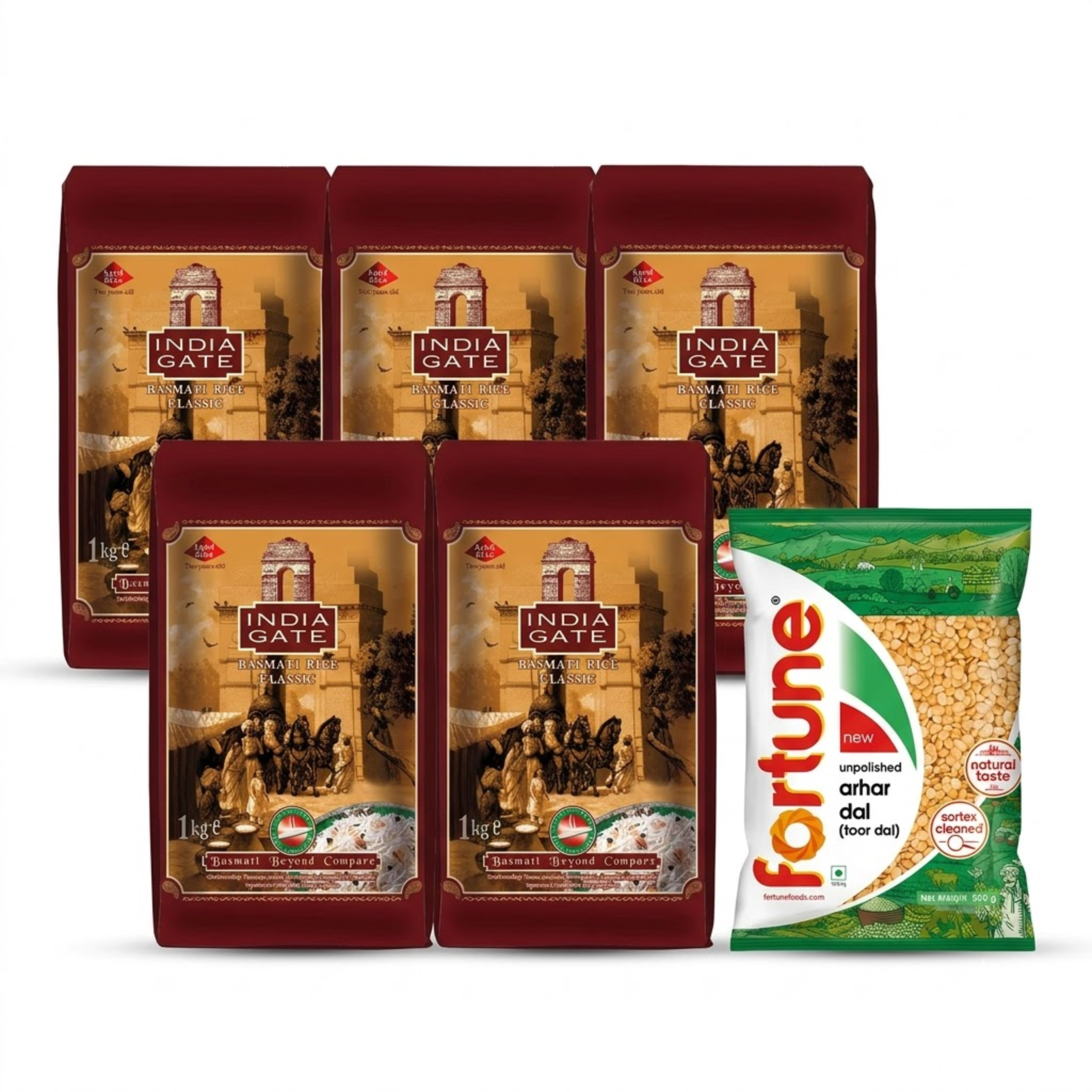 India Gate Classic Basmati Rice (bundle of 5 x 1kg) + Free Fortune Toor dal (500g)