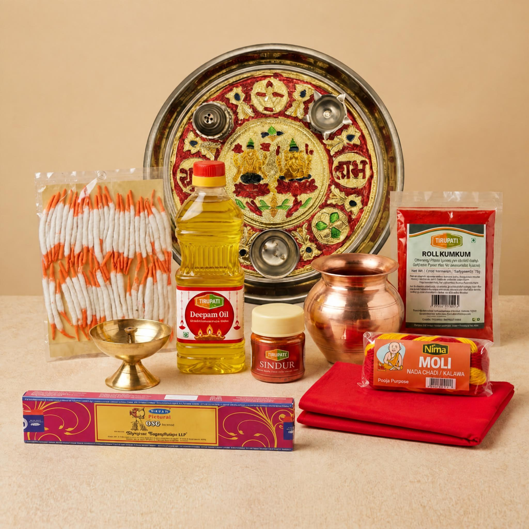 Karwa Chauth Pooja Kit – Decorated Pooja Thali, Brass Pooja Kalash, Rituals Red Pooja Cloth, Brass Diya, Tirupati Diya Oil, Long Cotton Wicks, Tirupati Roli Kumkum, Nima Moli Kalava, Tirupati Sindur, Satya Nag Champa Rose Agarbatti