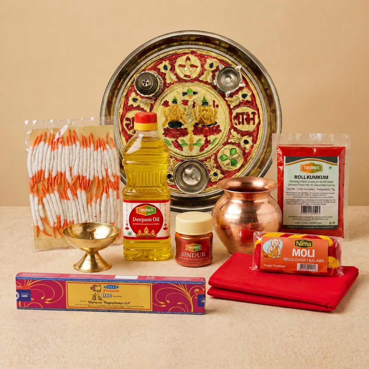 Karwa Chauth Pooja Kit – Decorated Pooja Thali, Brass Pooja Kalash, Rituals Red Pooja Cloth, Brass Diya, Tirupati Diya Oil, Long Cotton Wicks, Tirupati Roli Kumkum, Nima Moli Kalava, Tirupati Sindur, Satya Nag Champa Rose Agarbatti