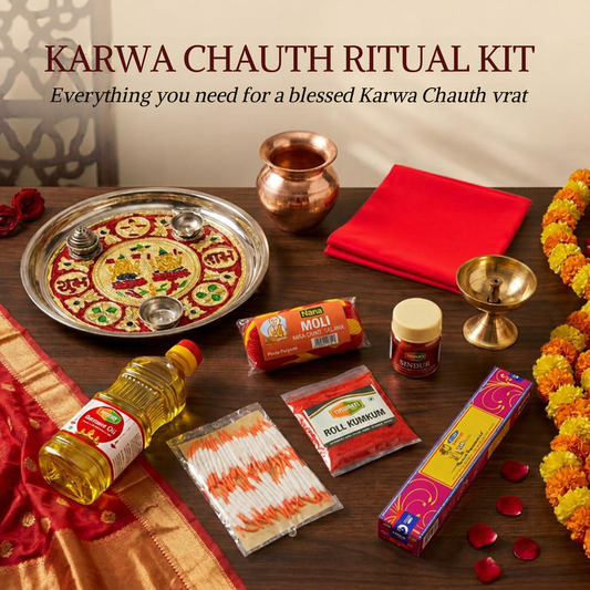 Karwa Chauth Pooja Kit – Decorated Pooja Thali, Brass Pooja Kalash, Rituals Red Pooja Cloth, Brass Diya, Tirupati Diya Oil, Long Cotton Wicks, Tirupati Roli Kumkum, Nima Moli Kalava, Tirupati Sindur, Satya Nag Champa Rose Agarbatti