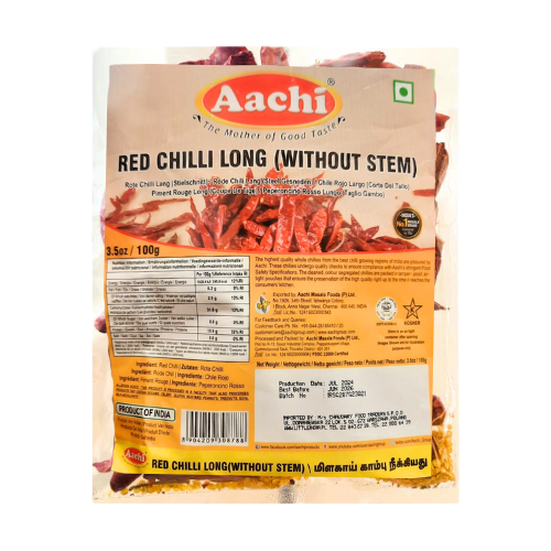 Aachi Dried Red Chillies Long Without Stem (100g)