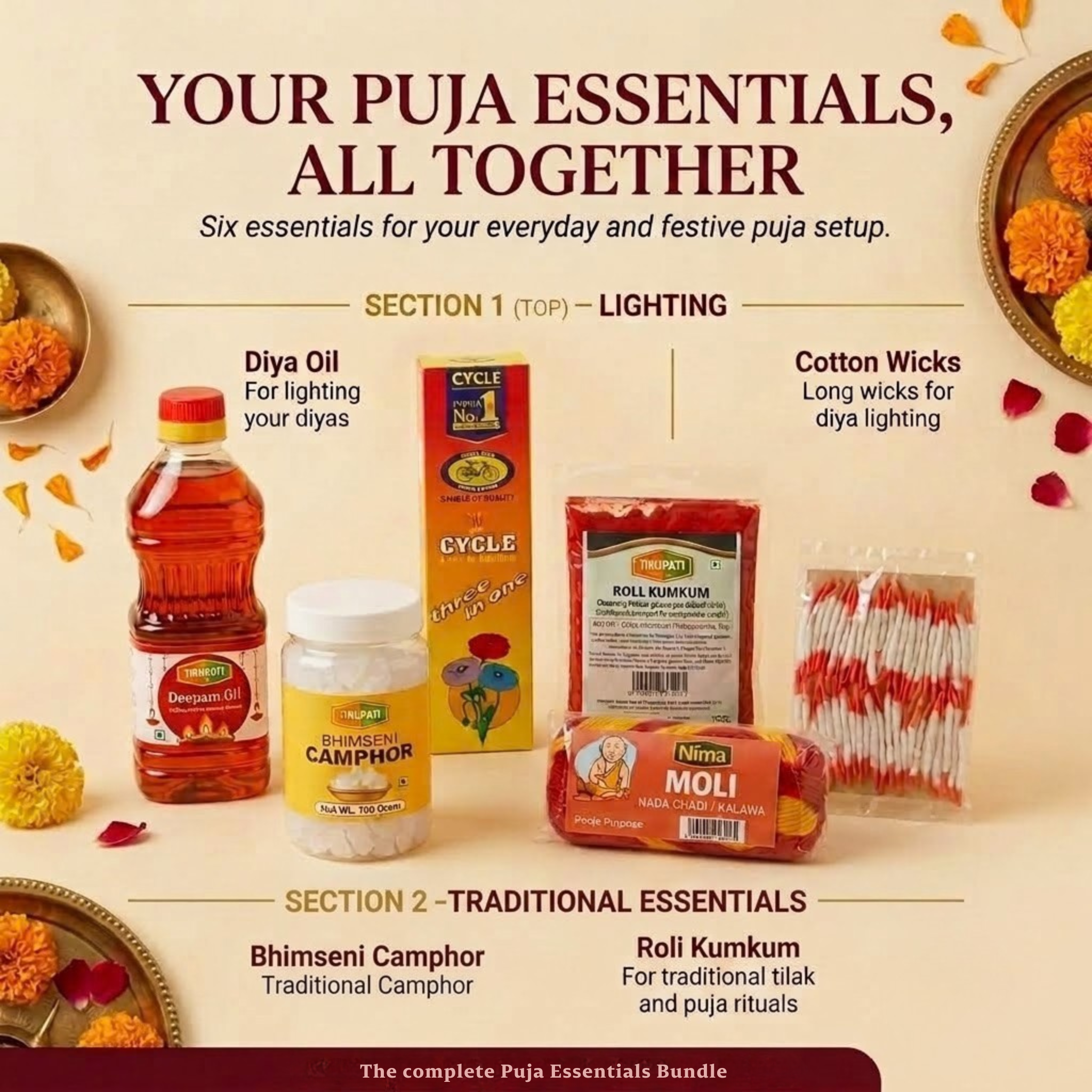 Puja Refill Kit – Tirupati Diya / Deepam Oil, Long Cotton Wicks, Tirupati Bhimseni Camphor / Karpoor Tablets, Cycle Three In One Agarbatti / Incense Sticks, Nima Moli Thread / Pooja Kalava (Red & Yellow), Tirupati Roli Kumkum Powder