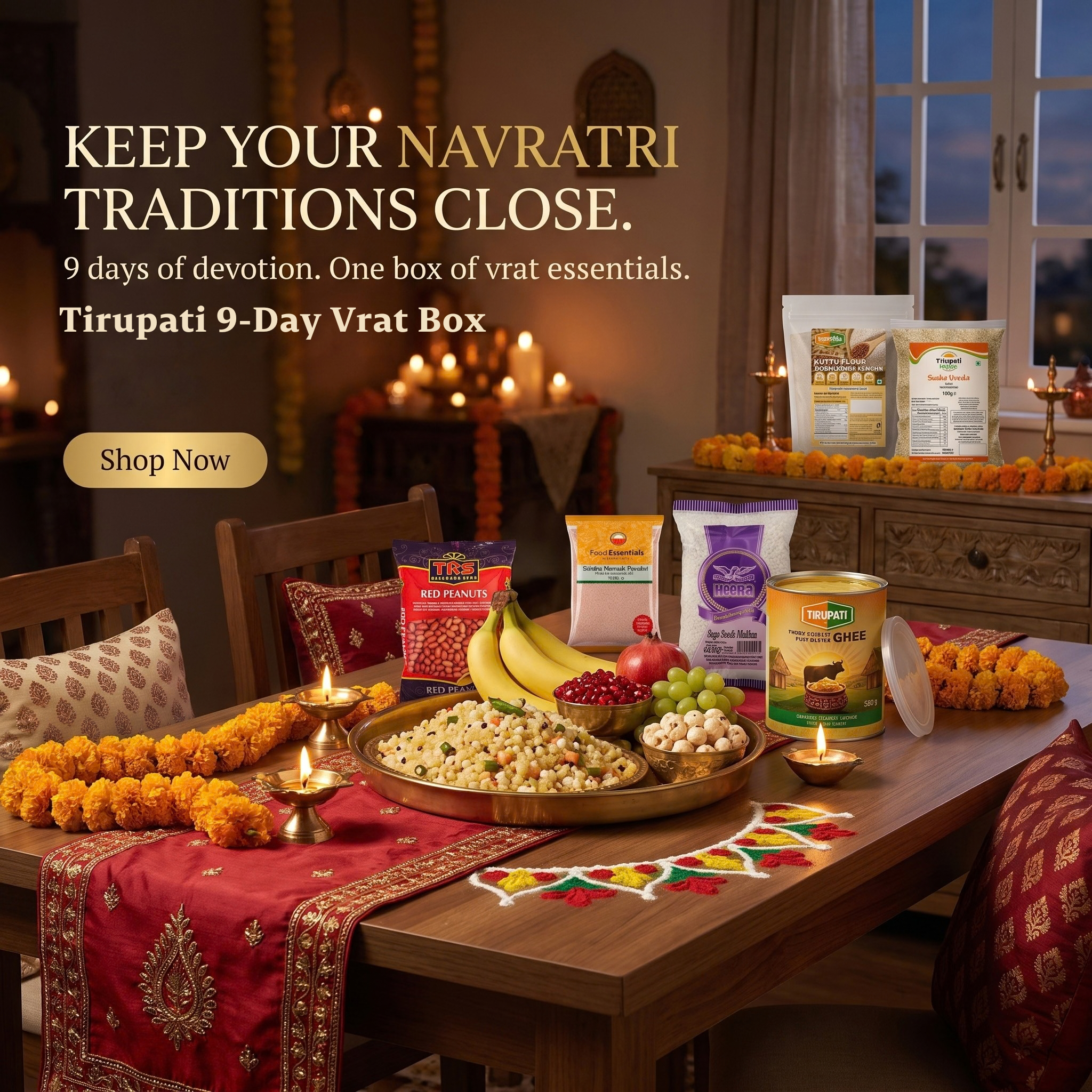 Tirupati 9-Day Vrat Box – Tirupati Samo, Tirupati Singoda Flour, Tirupati Kuttu Ka Atta, Heera Indian Sago Seeds, Food Essentials Sindha Namak Powder, Tirupati Phool Makhana, TRS Red Peanuts, Tirupati Pure Butter Ghee