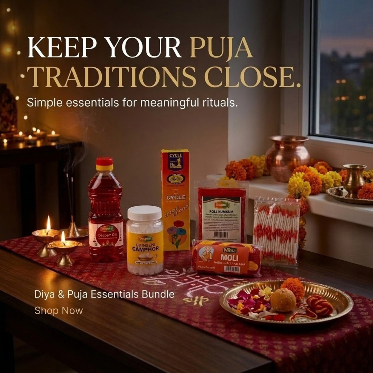 Puja Refill Kit – Tirupati Diya / Deepam Oil, Long Cotton Wicks, Tirupati Bhimseni Camphor / Karpoor Tablets, Cycle Three In One Agarbatti / Incense Sticks, Nima Moli Thread / Pooja Kalava (Red & Yellow), Tirupati Roli Kumkum Powder