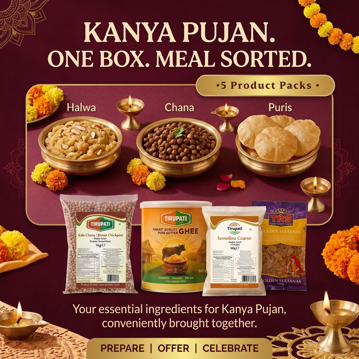 Kanya Pujan Kit (Halwa · Chana · Puri) – Tirupati Semolina Coarse, Tirupati Brown Chickpea / Kala Chana, Tirupati Pure Butter Ghee, TRS Golden Sultanas / Raisins / Kishmish