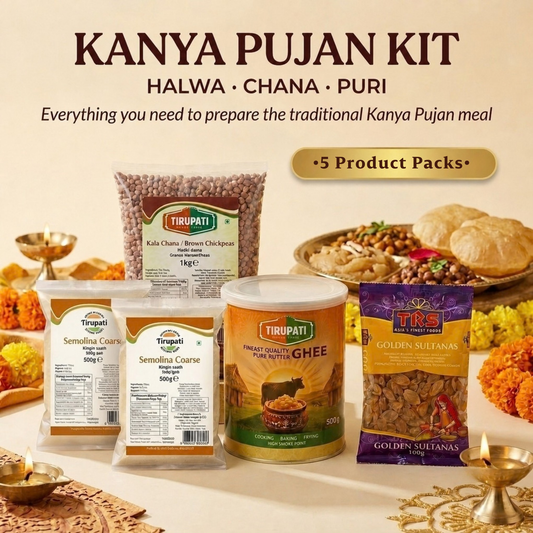 Kanya Pujan Kit (Halwa · Chana · Puri) – Tirupati Semolina Coarse, Tirupati Brown Chickpea / Kala Chana, Tirupati Pure Butter Ghee, TRS Golden Sultanas / Raisins / Kishmish