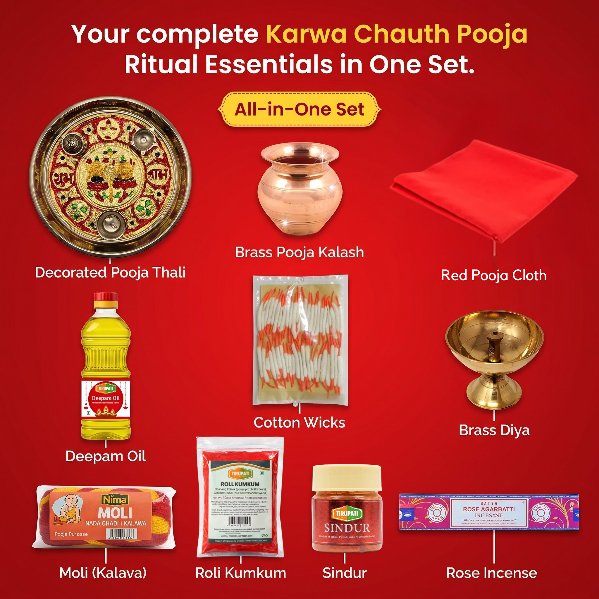 Karwa Chauth Pooja Kit – Decorated Pooja Thali, Brass Pooja Kalash, Rituals Red Pooja Cloth, Brass Diya, Tirupati Diya Oil, Long Cotton Wicks, Tirupati Roli Kumkum, Nima Moli Kalava, Tirupati Sindur, Satya Nag Champa Rose Agarbatti