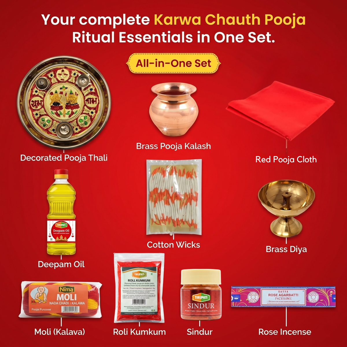 Karwa Chauth Pooja Kit – Decorated Pooja Thali, Brass Pooja Kalash, Rituals Red Pooja Cloth, Brass Diya, Tirupati Diya Oil, Long Cotton Wicks, Tirupati Roli Kumkum, Nima Moli Kalava, Tirupati Sindur, Satya Nag Champa Rose Agarbatti