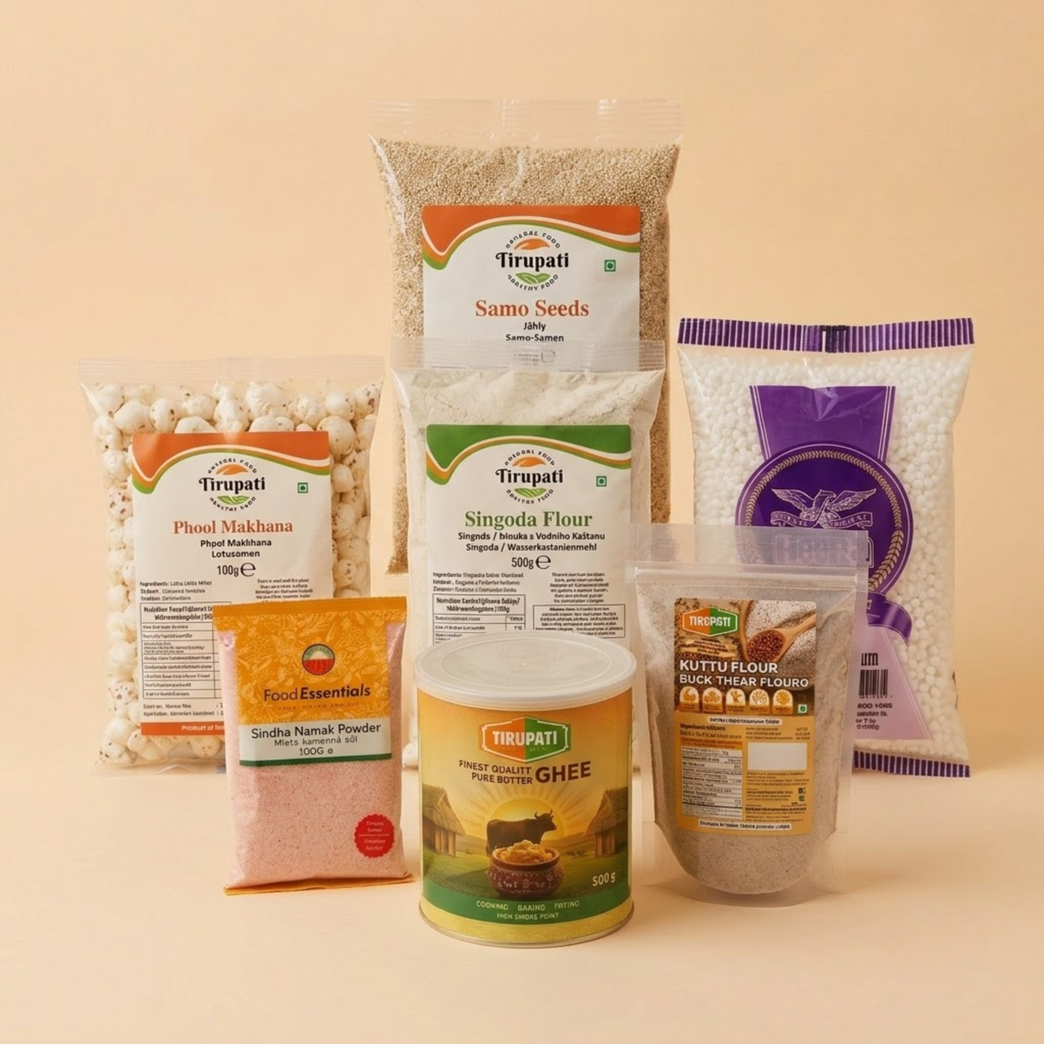 Tirupati 9-Day Vrat Box – Tirupati Samo, Tirupati Singoda Flour, Tirupati Kuttu Ka Atta, Heera Indian Sago Seeds, Food Essentials Sindha Namak Powder, Tirupati Phool Makhana, TRS Red Peanuts, Tirupati Pure Butter Ghee
